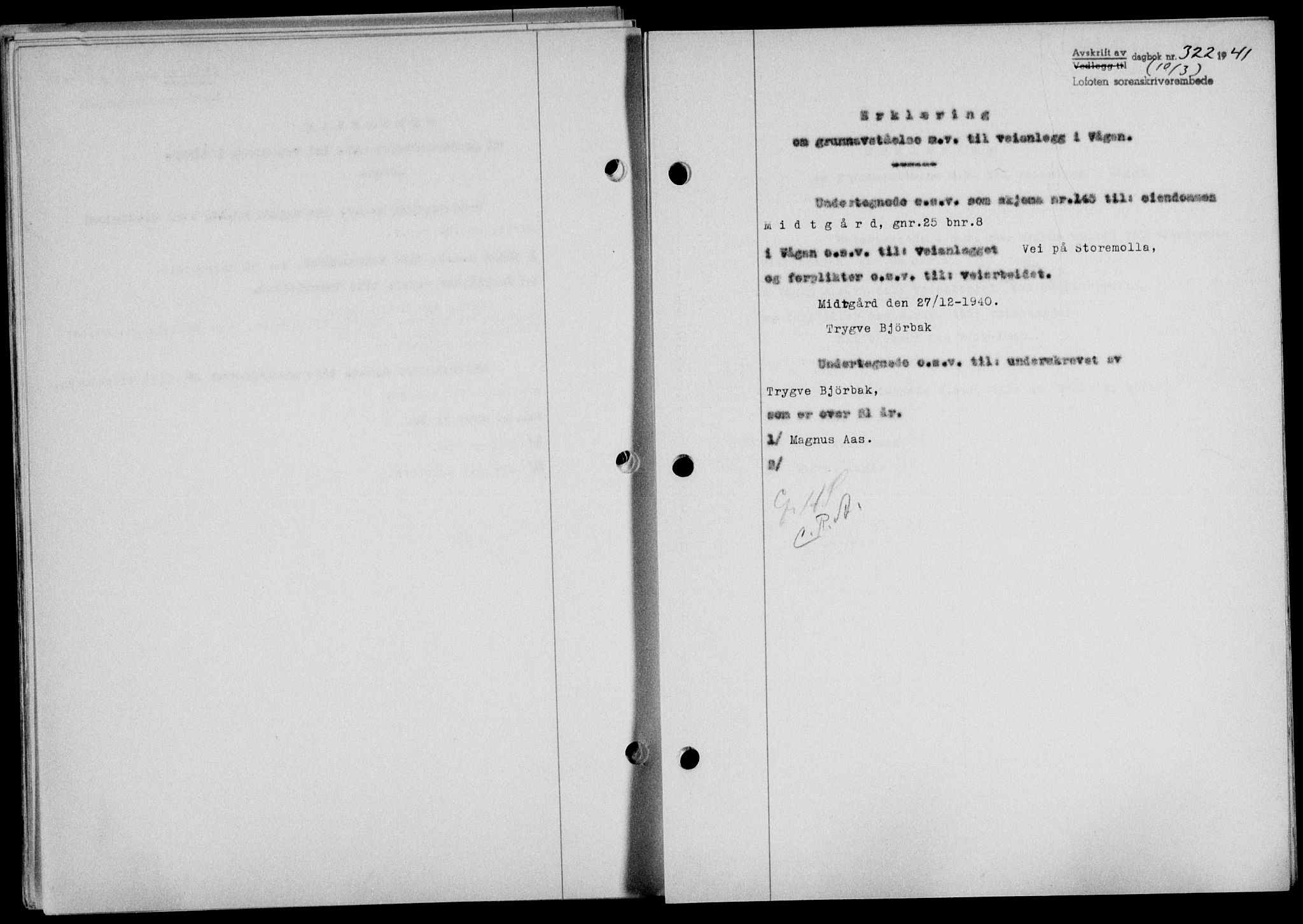 Lofoten sorenskriveri, SAT/A-0017/1/2/2C/L0008a: Mortgage book no. 8a, 1940-1941, Diary no: : 322/1941