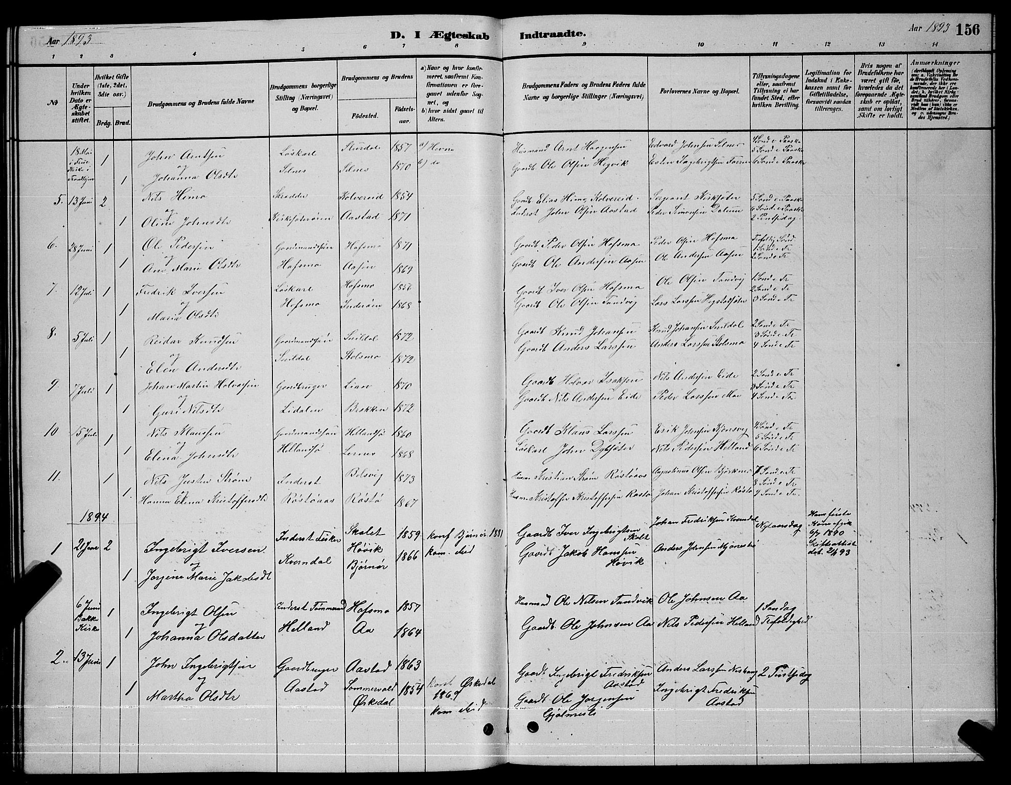 Ministerialprotokoller, klokkerbøker og fødselsregistre - Sør-Trøndelag, SAT/A-1456/630/L0504: Parish register (copy) no. 630C02, 1879-1898, p. 156