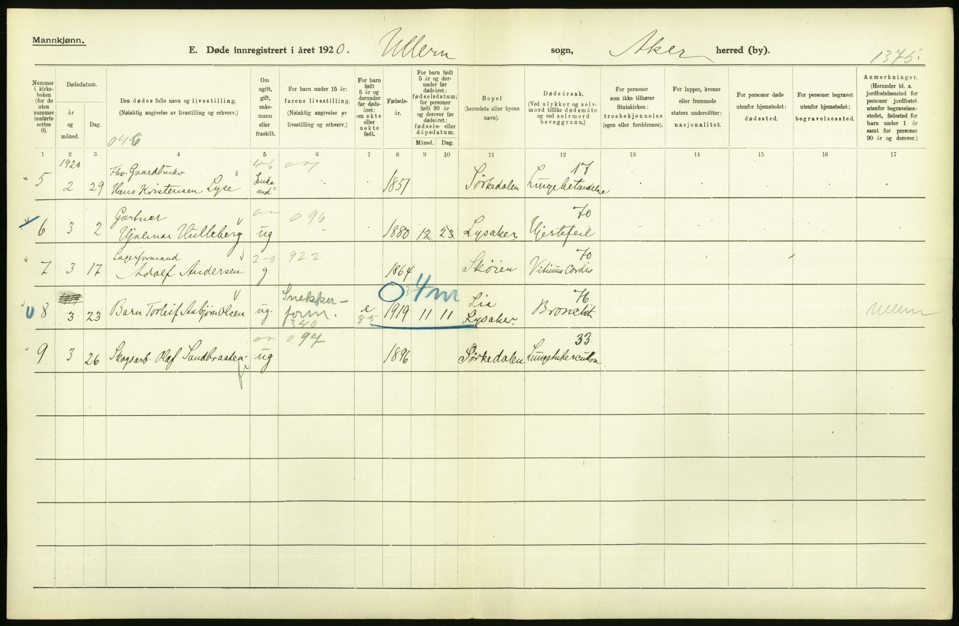 Statistisk sentralbyrå, Sosiodemografiske emner, Befolkning, AV/RA-S-2228/D/Df/Dfb/Dfbj/L0007: Akershus fylke: Døde. Bygder og byer., 1920, p. 52