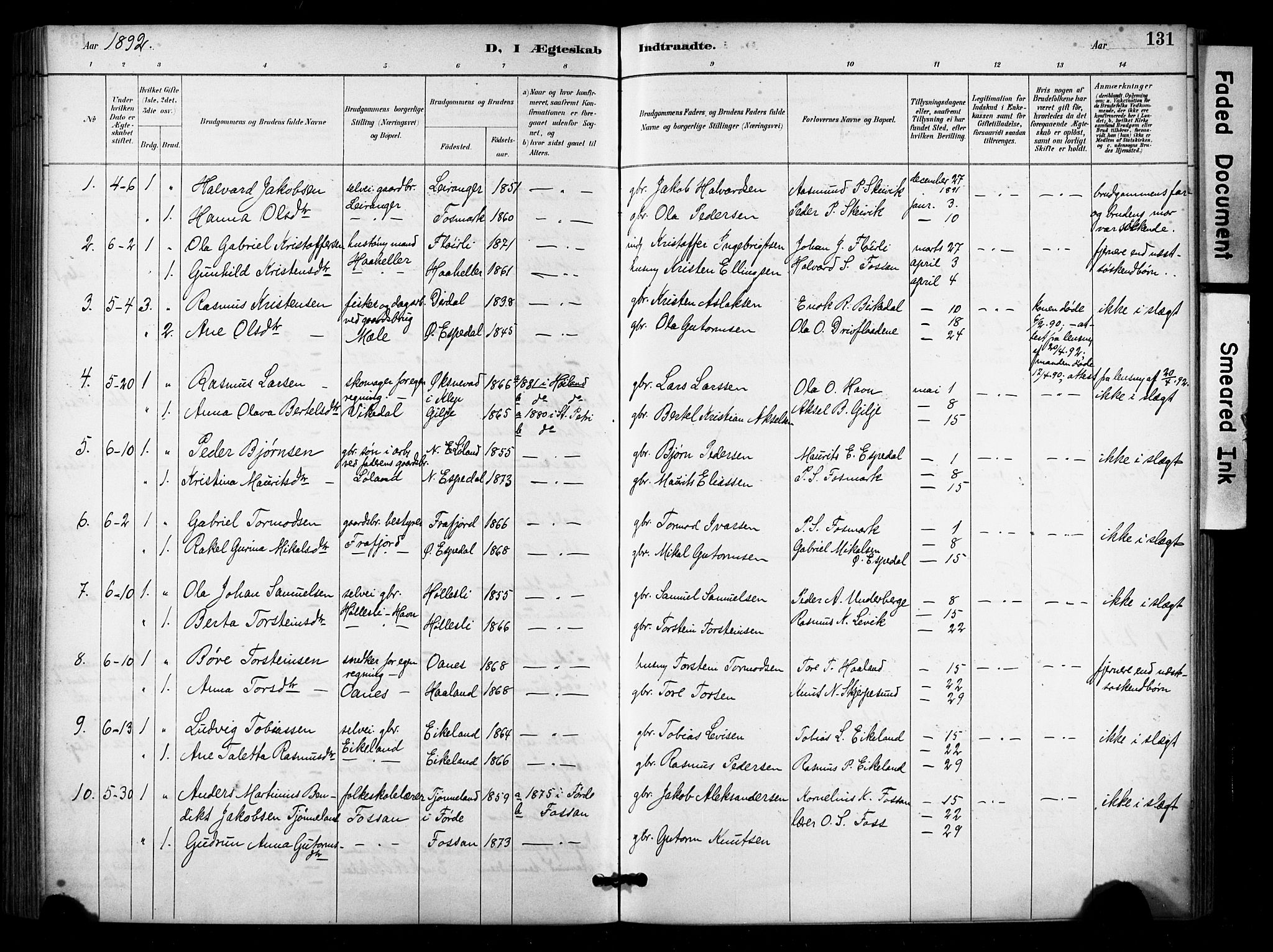 Høgsfjord sokneprestkontor, SAST/A-101624/H/Ha/Haa/L0006: Parish register (official) no. A 6, 1885-1897, p. 131