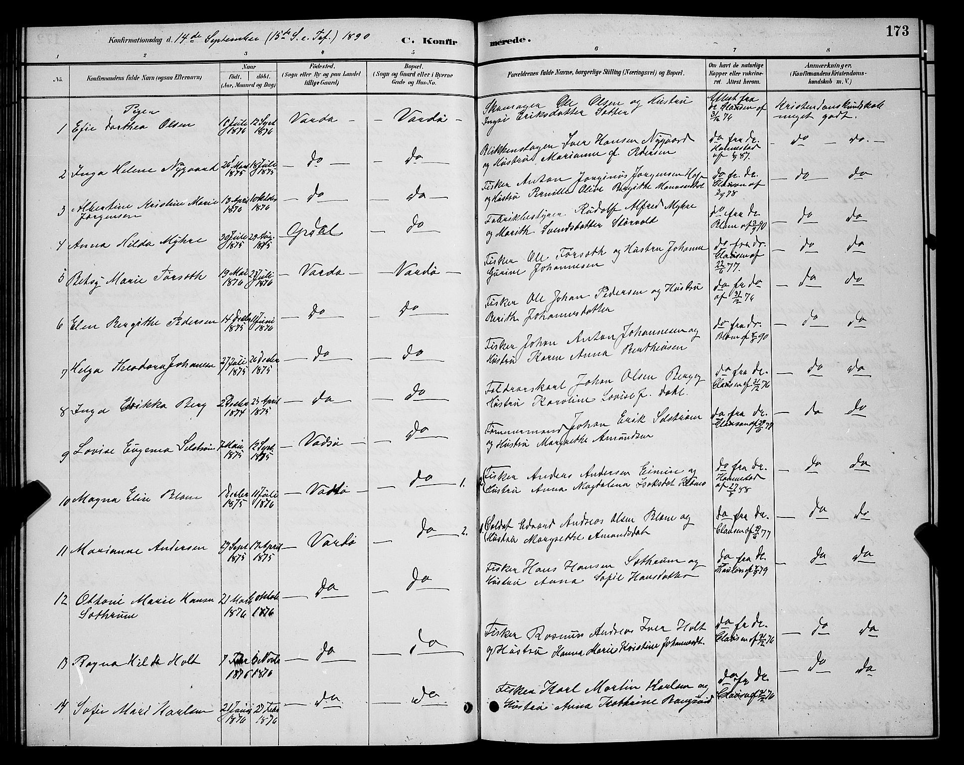 Vardø sokneprestkontor, AV/SATØ-S-1332/H/Hb/L0005klokker: Parish register (copy) no. 5, 1887-1892, p. 173