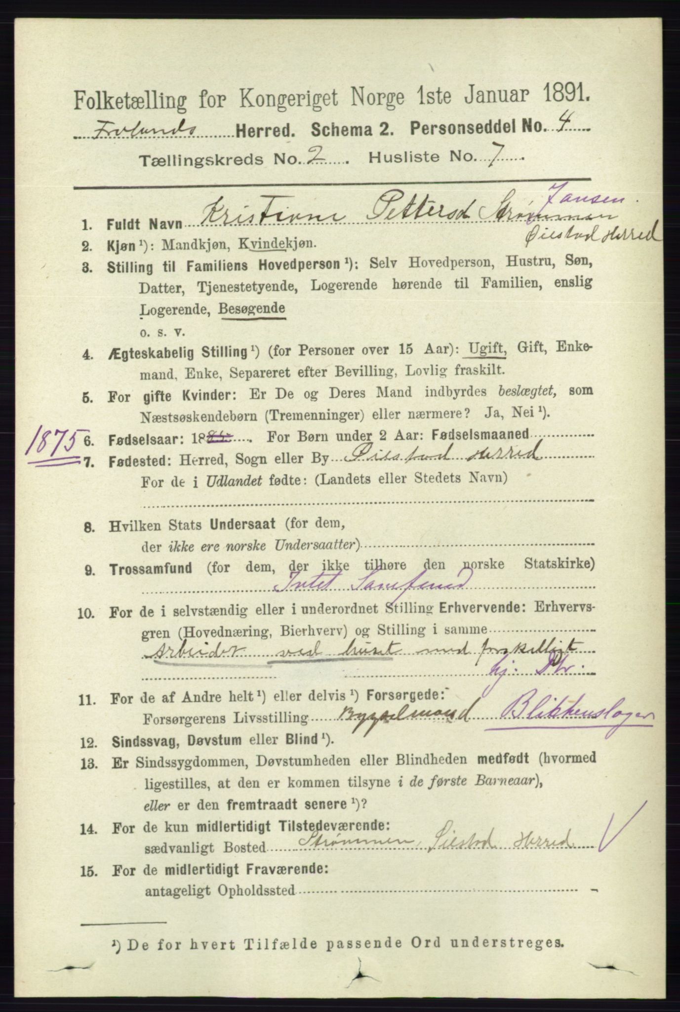 RA, 1891 census for 0919 Froland, 1891, p. 526