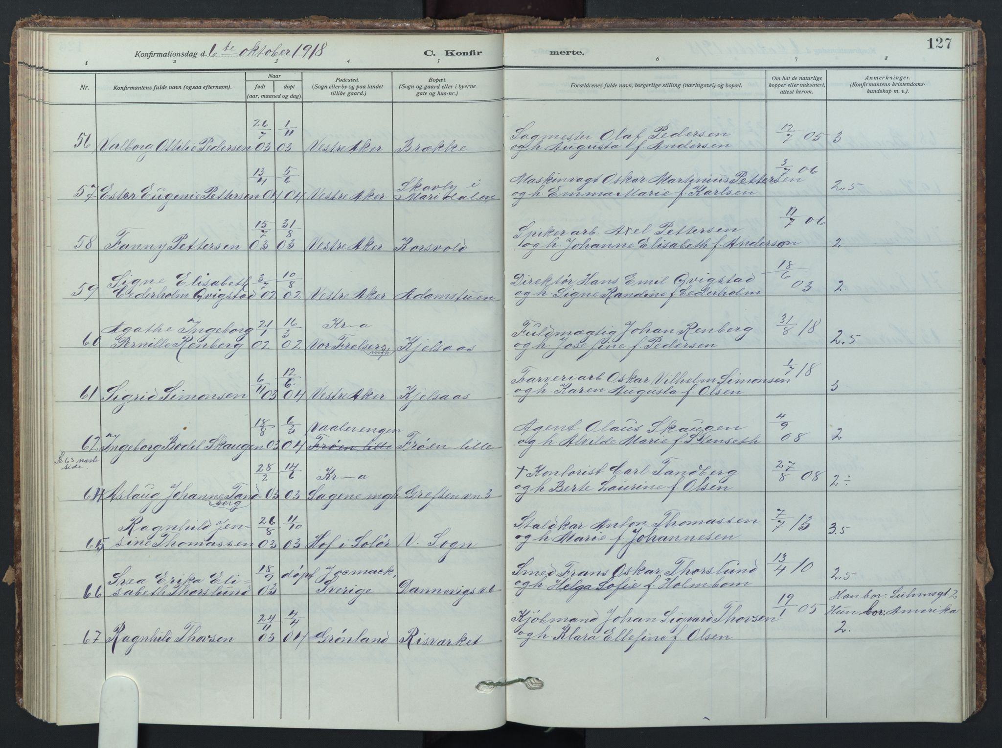 Vestre Aker prestekontor Kirkebøker, SAO/A-10025/F/Fa/L0017: Parish register (official) no. 17, 1910-1926, p. 127