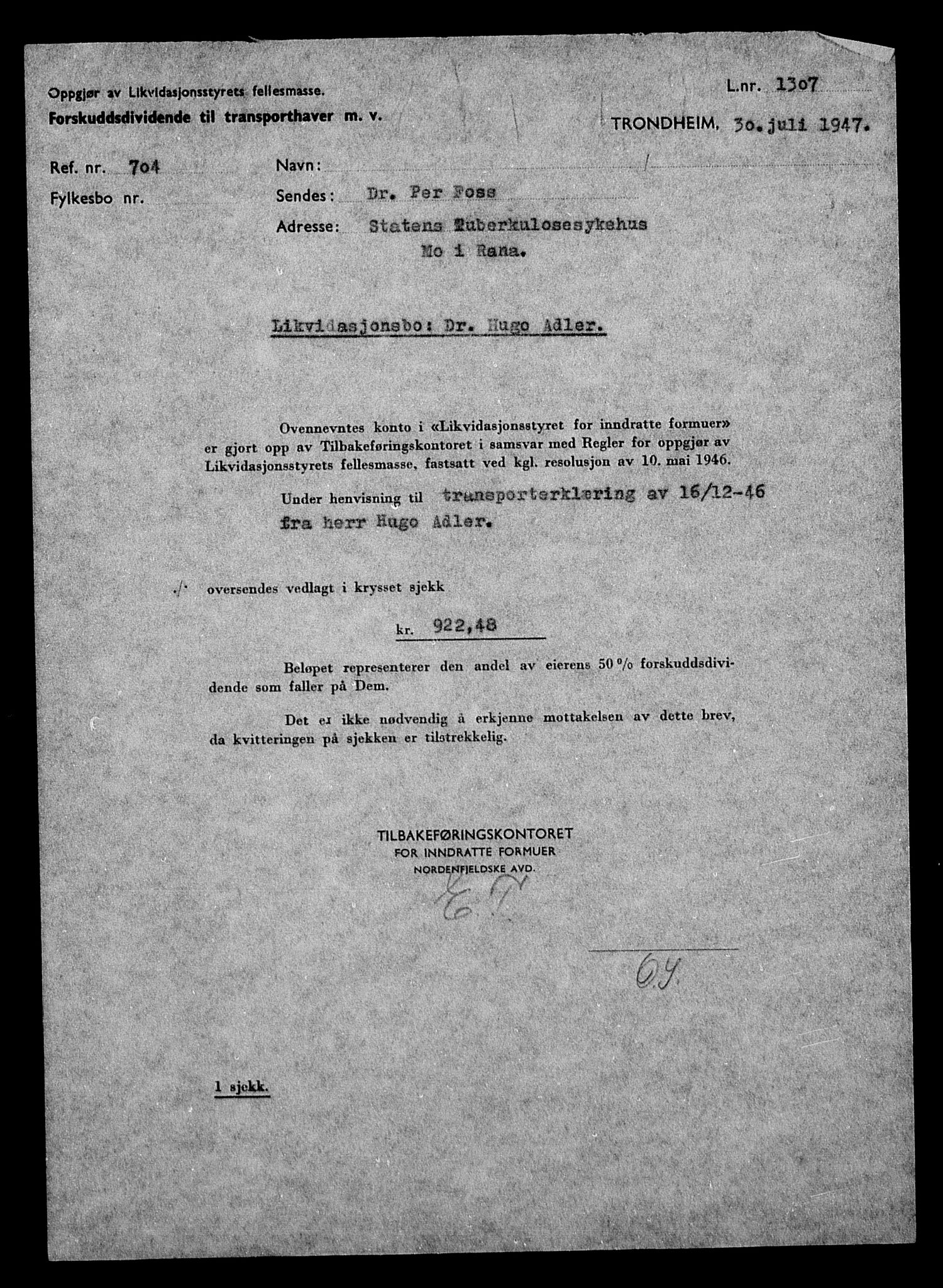 Justisdepartementet, Tilbakeføringskontoret for inndratte formuer, AV/RA-S-1564/H/Hc/Hcb/L0910: --, 1945-1947, p. 19