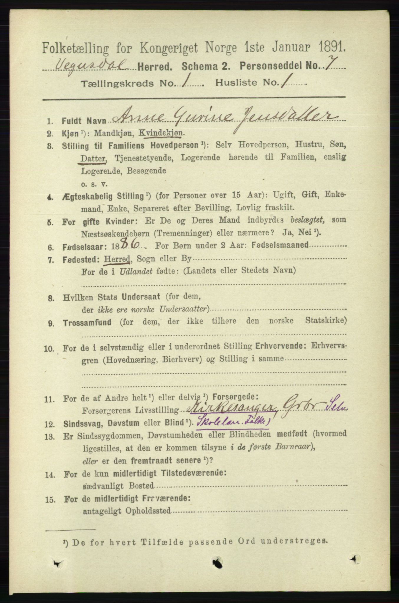 RA, 1891 census for 0934 Vegusdal, 1891, p. 60