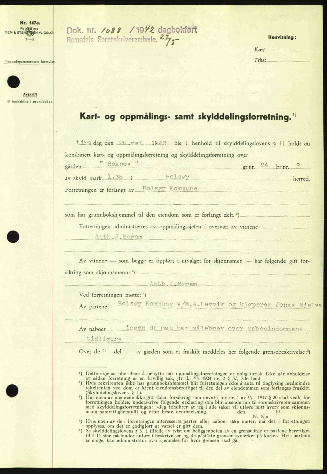 Romsdal sorenskriveri, AV/SAT-A-4149/1/2/2C: Mortgage book no. A12, 1942-1942, Diary no: : 1088/1942