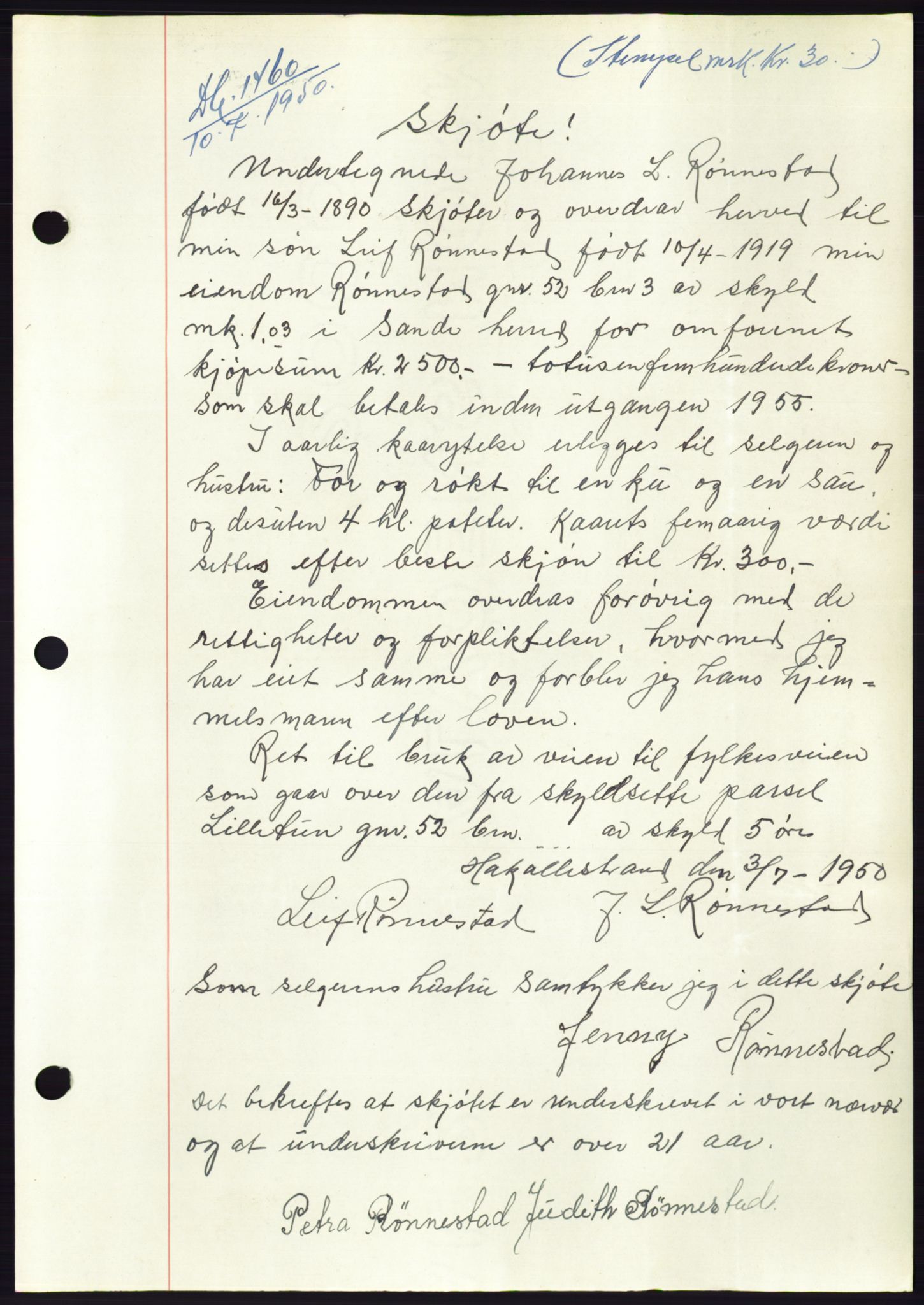 Søre Sunnmøre sorenskriveri, SAT/A-4122/1/2/2C/L0087: Mortgage book no. 13A, 1950-1950, Diary no: : 1460/1950