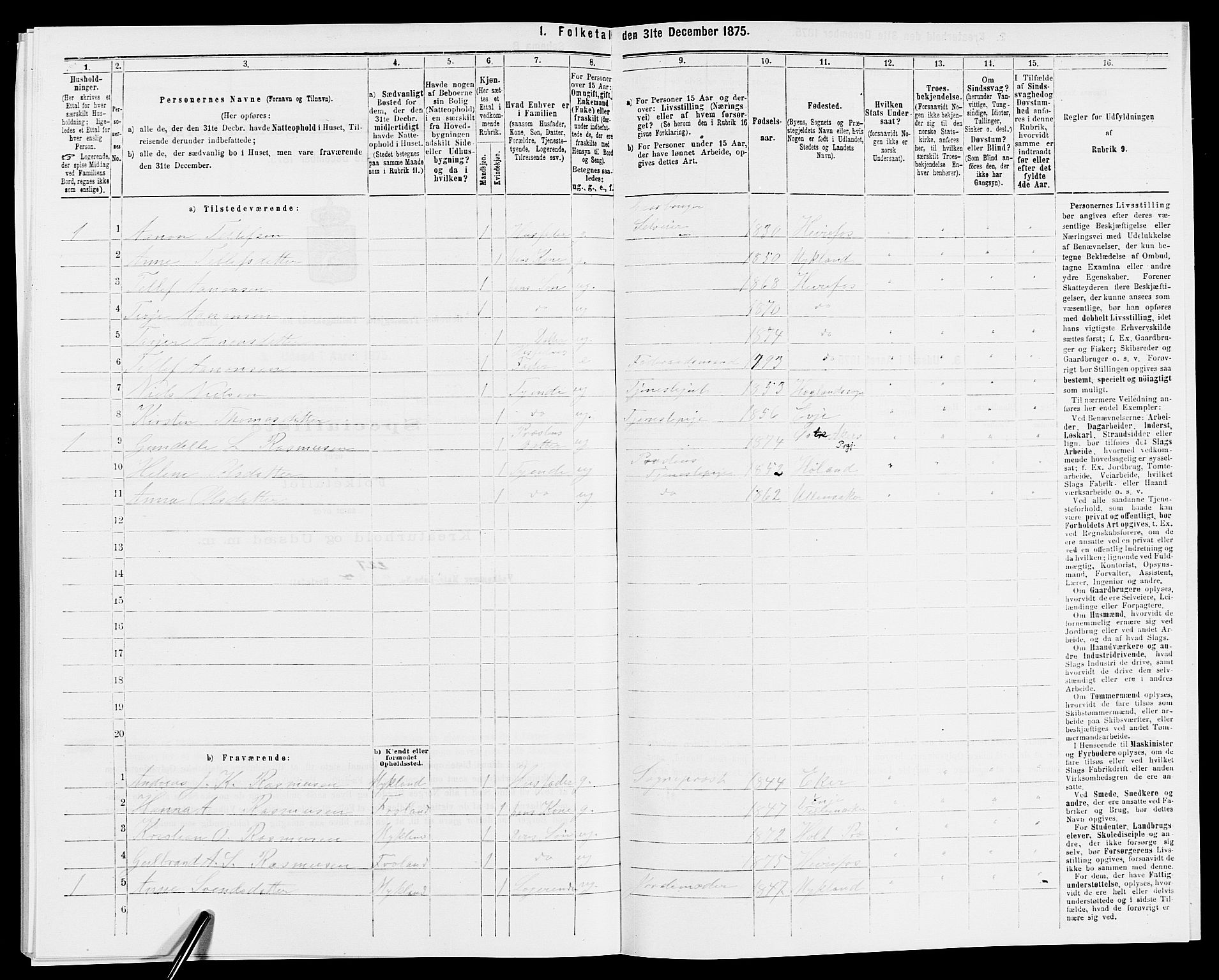 SAK, 1875 census for 0933P Herefoss, 1875, p. 105