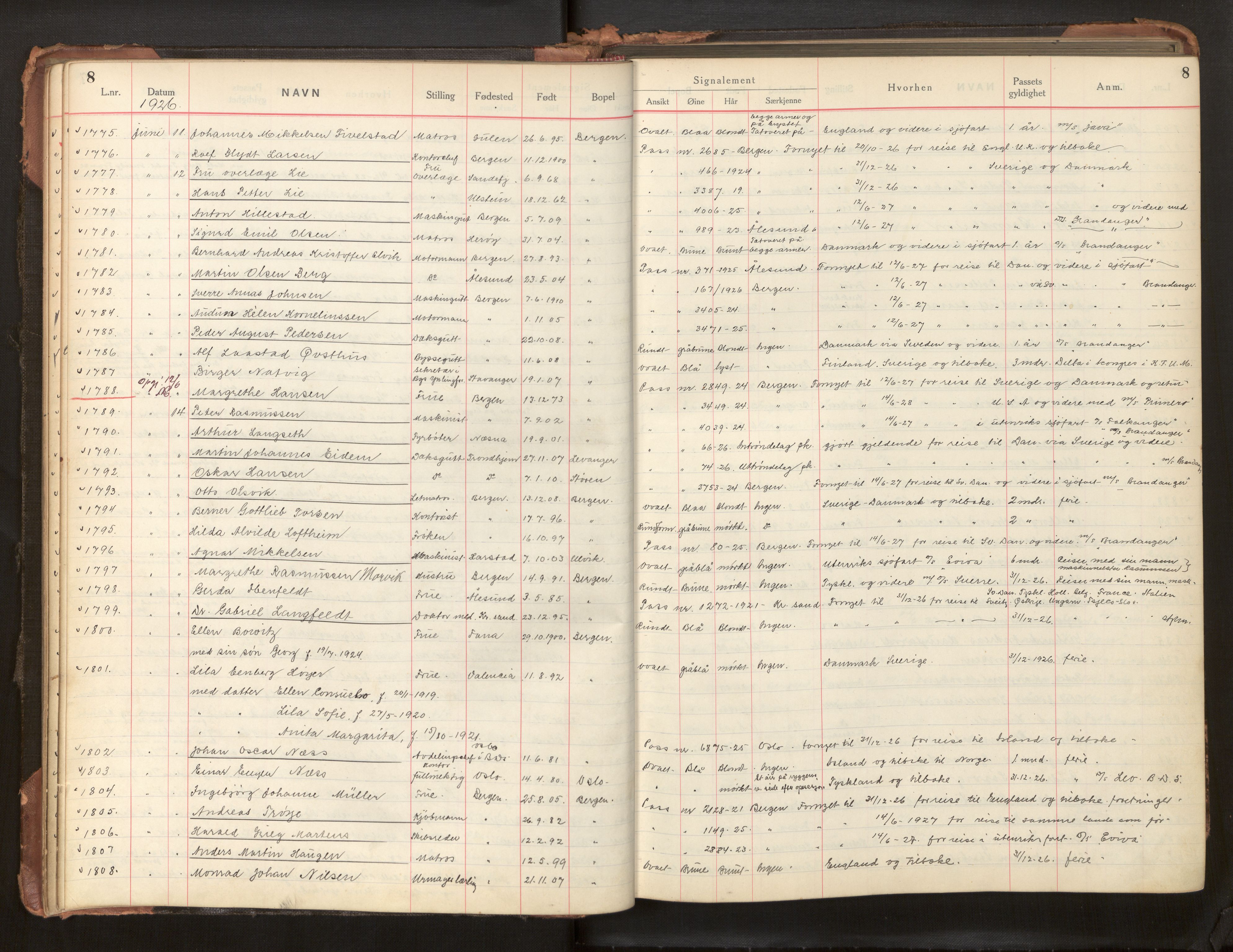 Bergen politikammer / politidistrikt, AV/SAB-A-60401/L/La/Lab/L0011: Passprotokoll, 1926-1928