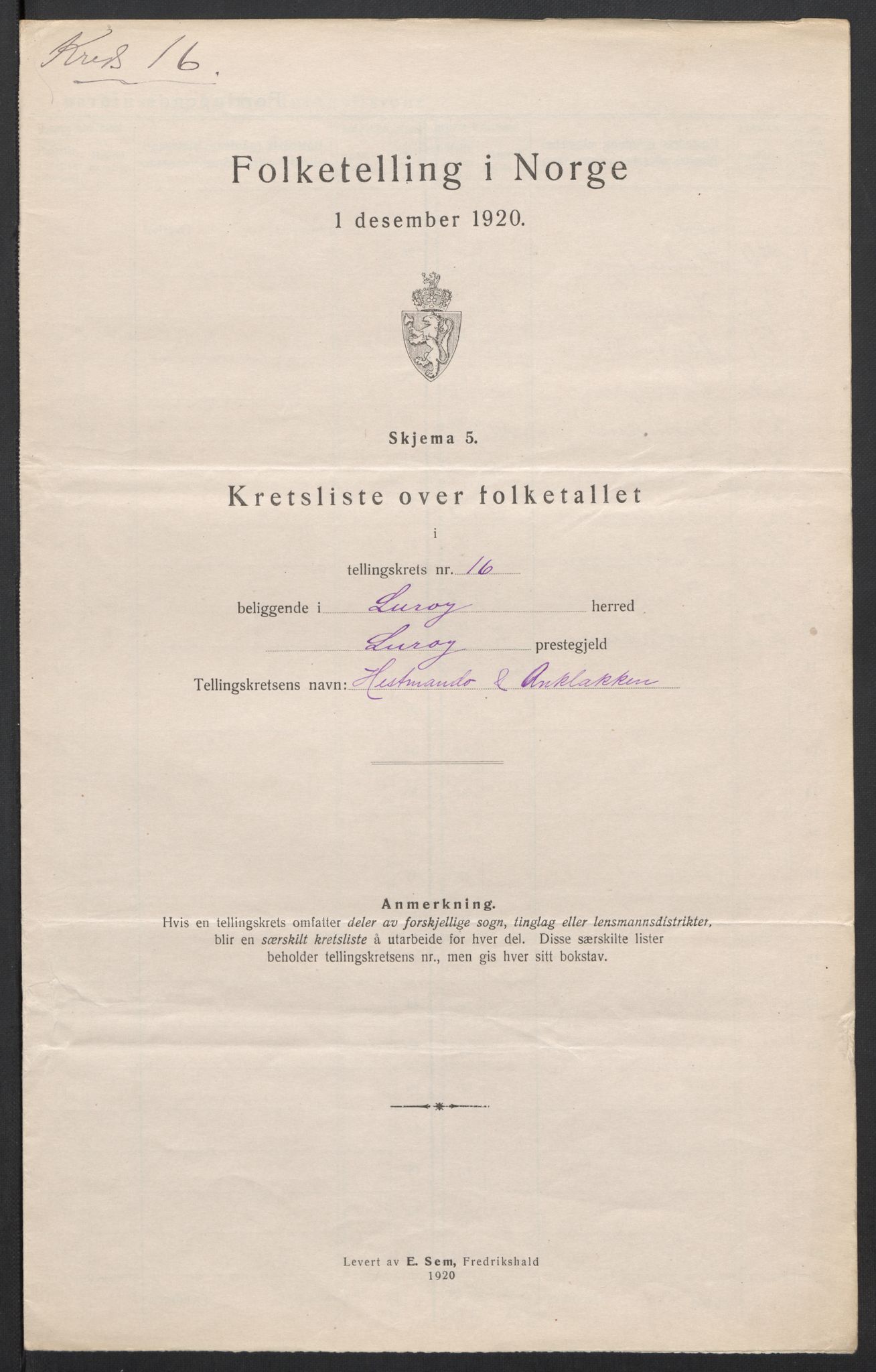 SAT, 1920 census for Lurøy, 1920, p. 55