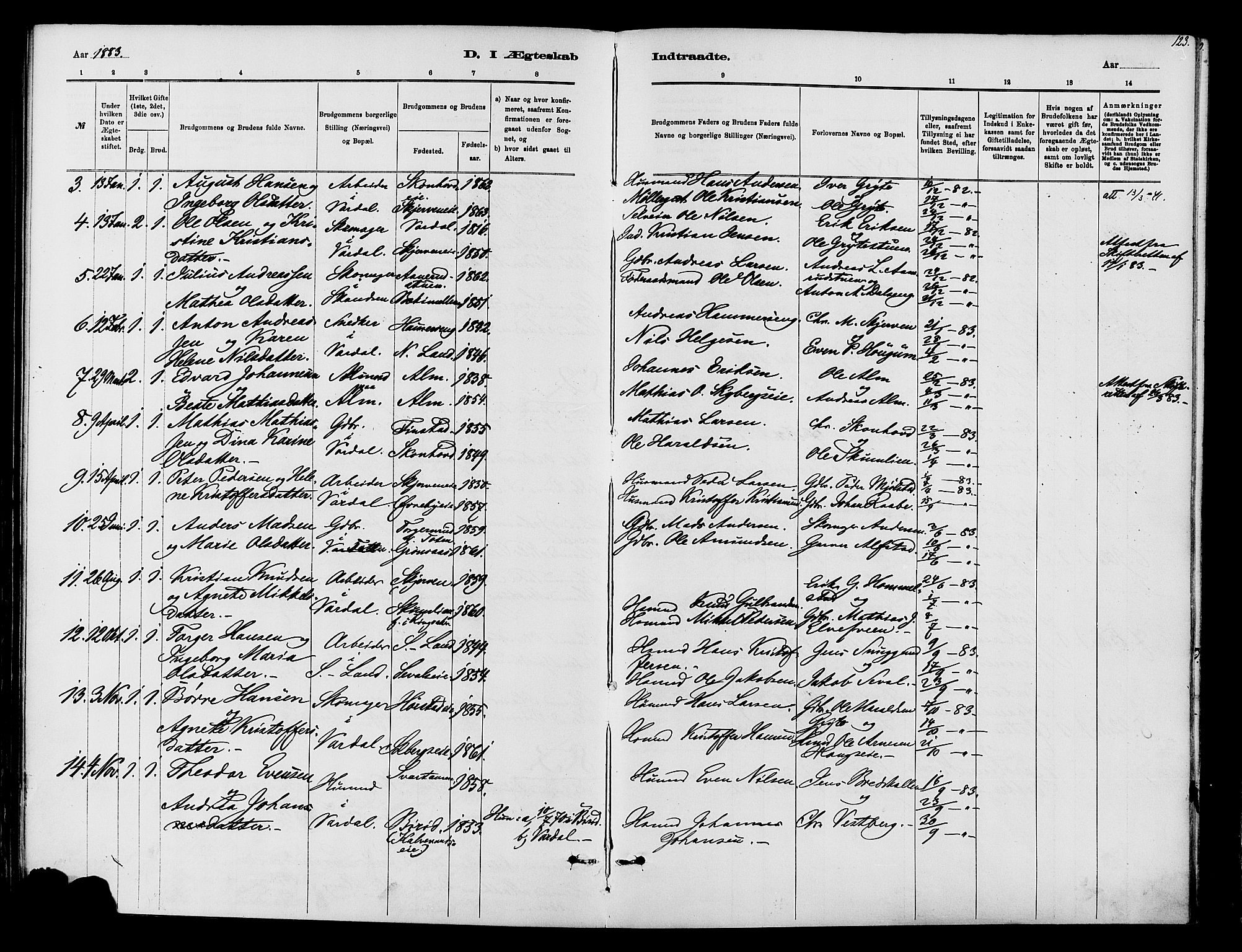 Vardal prestekontor, SAH/PREST-100/H/Ha/Haa/L0010: Parish register (official) no. 10, 1878-1893, p. 123