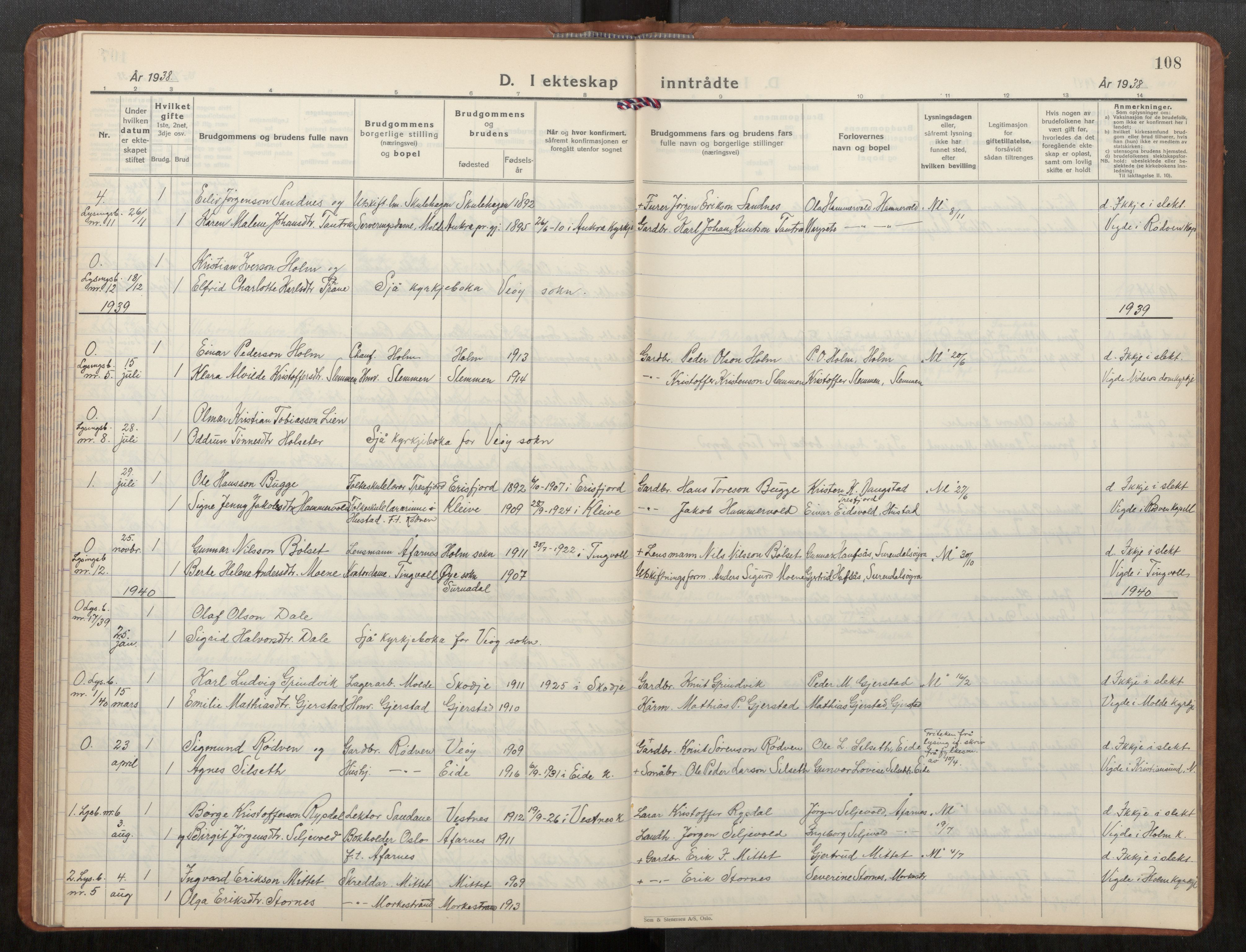 Ministerialprotokoller, klokkerbøker og fødselsregistre - Møre og Romsdal, AV/SAT-A-1454/549/L0616: Parish register (copy) no. 549C02, 1932-1961, p. 108