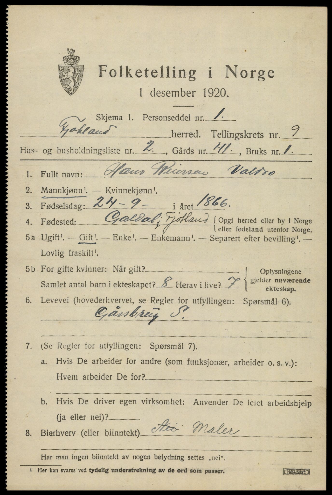 SAK, 1920 census for Fjotland, 1920, p. 2232