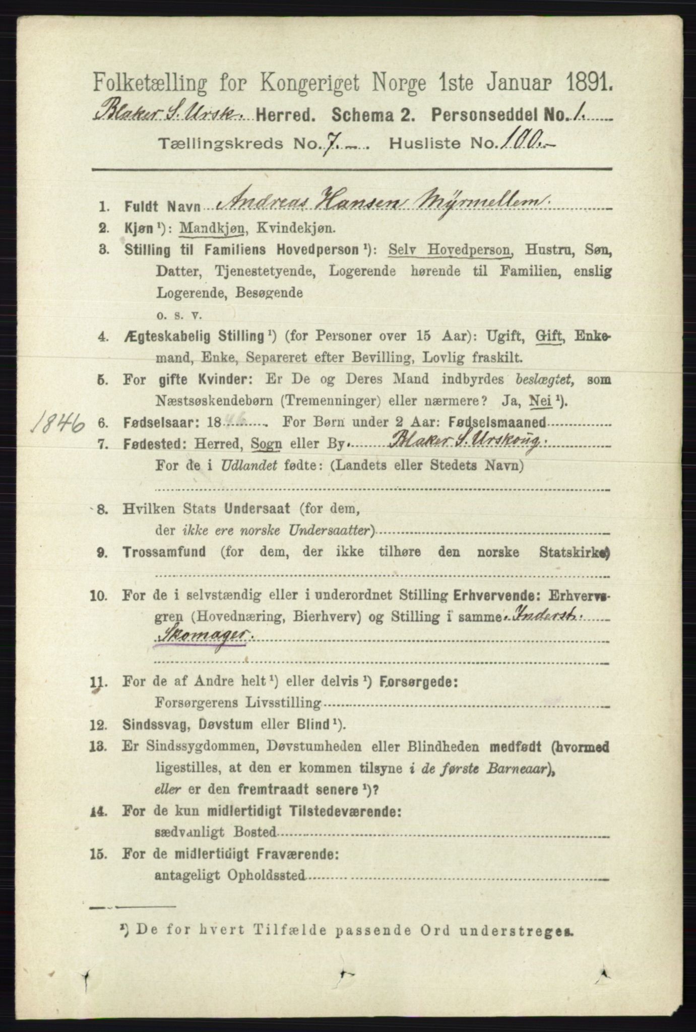 RA, 1891 census for 0224 Aurskog, 1891, p. 3785