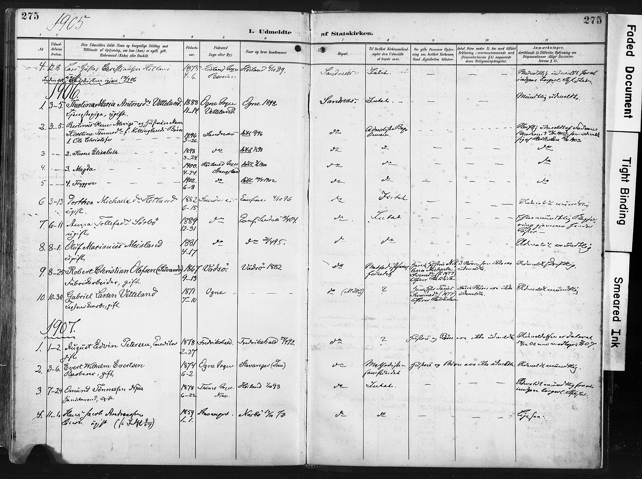 Høyland sokneprestkontor, SAST/A-101799/001/30BA/L0016: Parish register (official) no. A 16, 1899-1911, p. 275