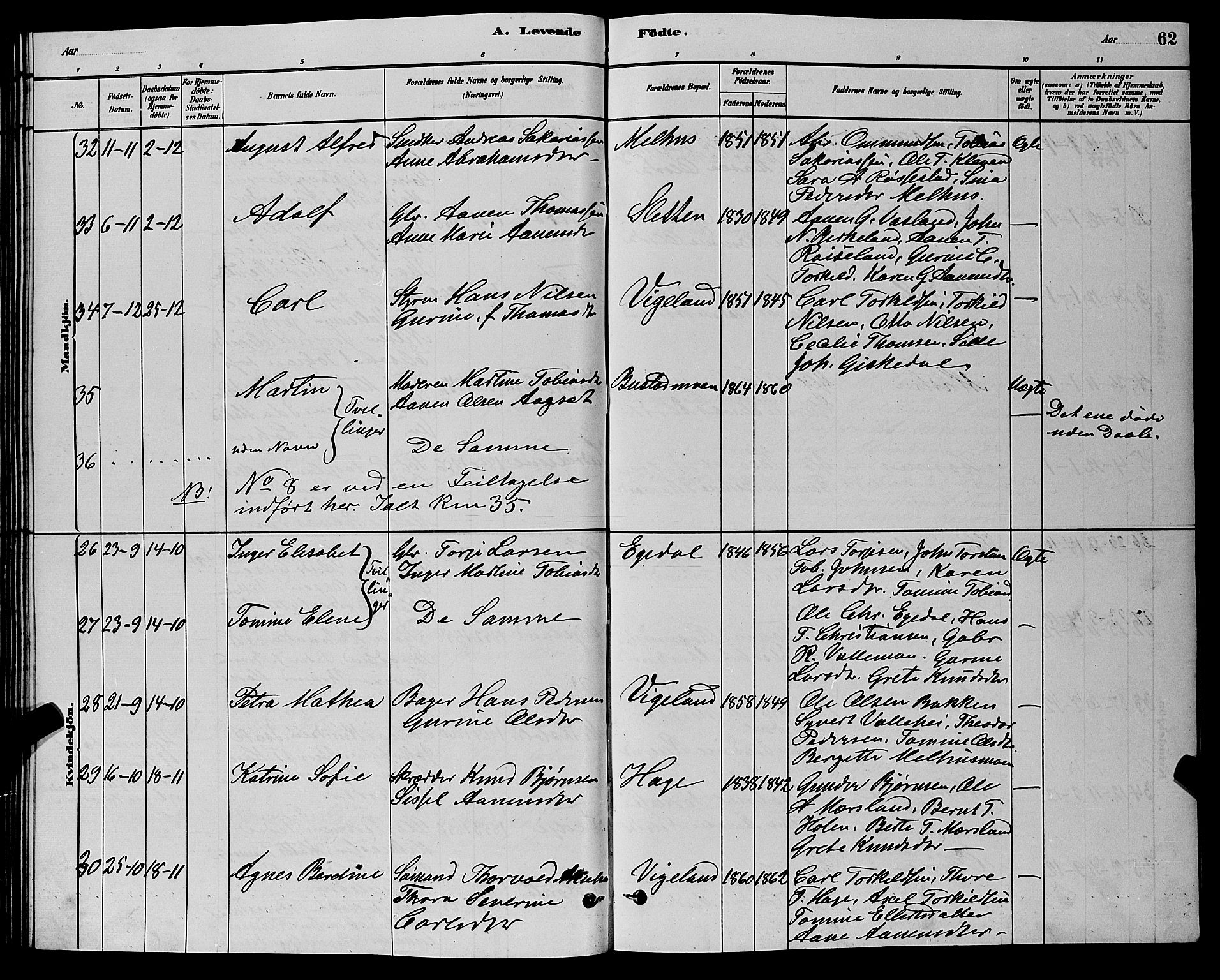 Sør-Audnedal sokneprestkontor, AV/SAK-1111-0039/F/Fb/Fbb/L0005: Parish register (copy) no. B 5, 1880-1892, p. 62