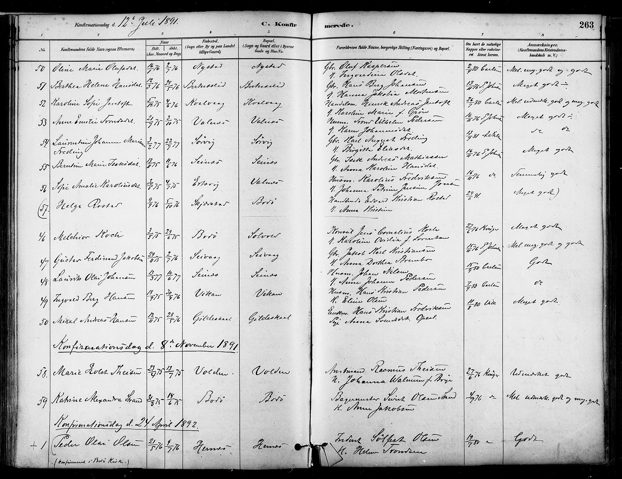 Ministerialprotokoller, klokkerbøker og fødselsregistre - Nordland, SAT/A-1459/802/L0054: Parish register (official) no. 802A01, 1879-1893, p. 263