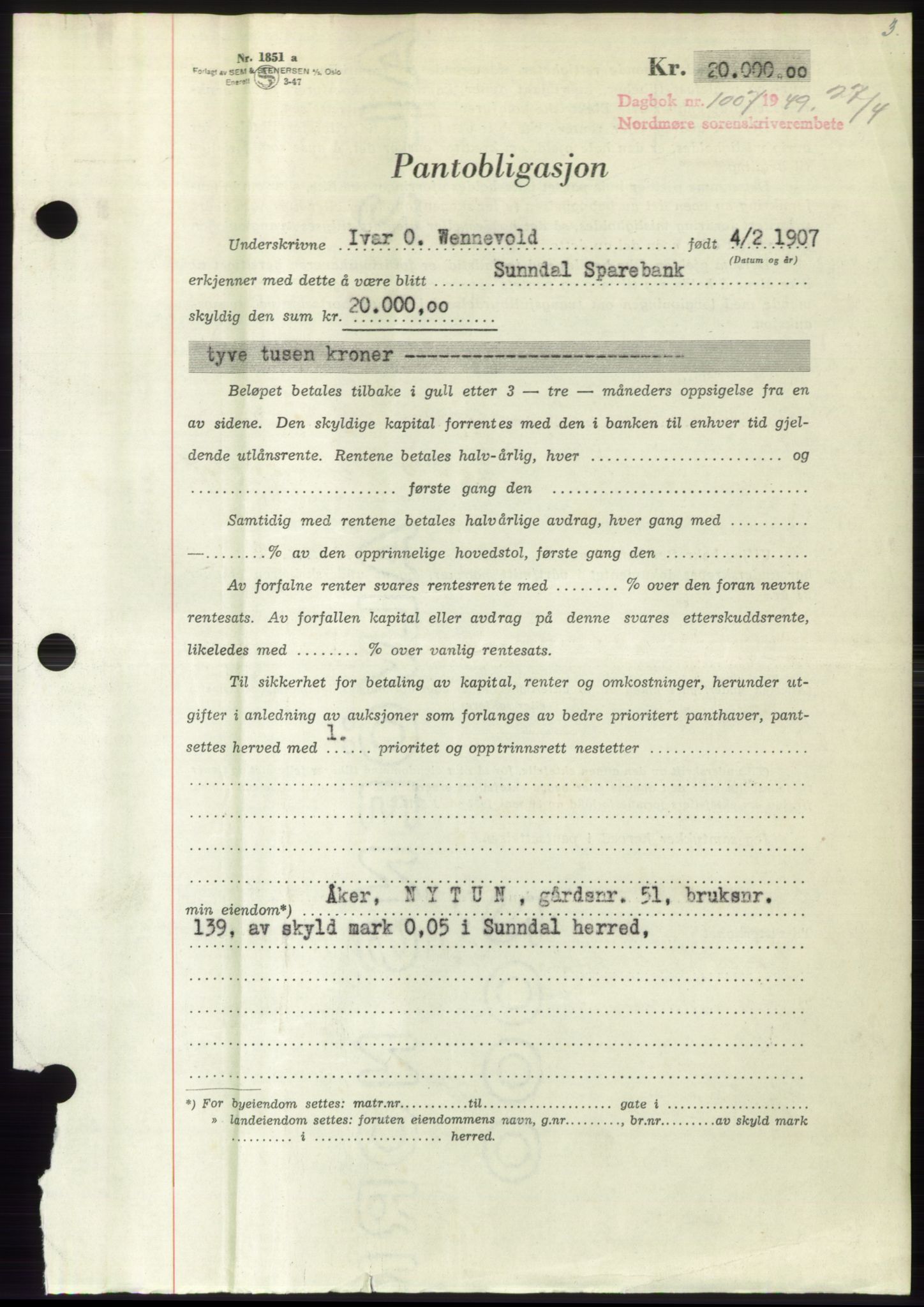 Nordmøre sorenskriveri, AV/SAT-A-4132/1/2/2Ca: Mortgage book no. B101, 1949-1949, Diary no: : 1007/1949