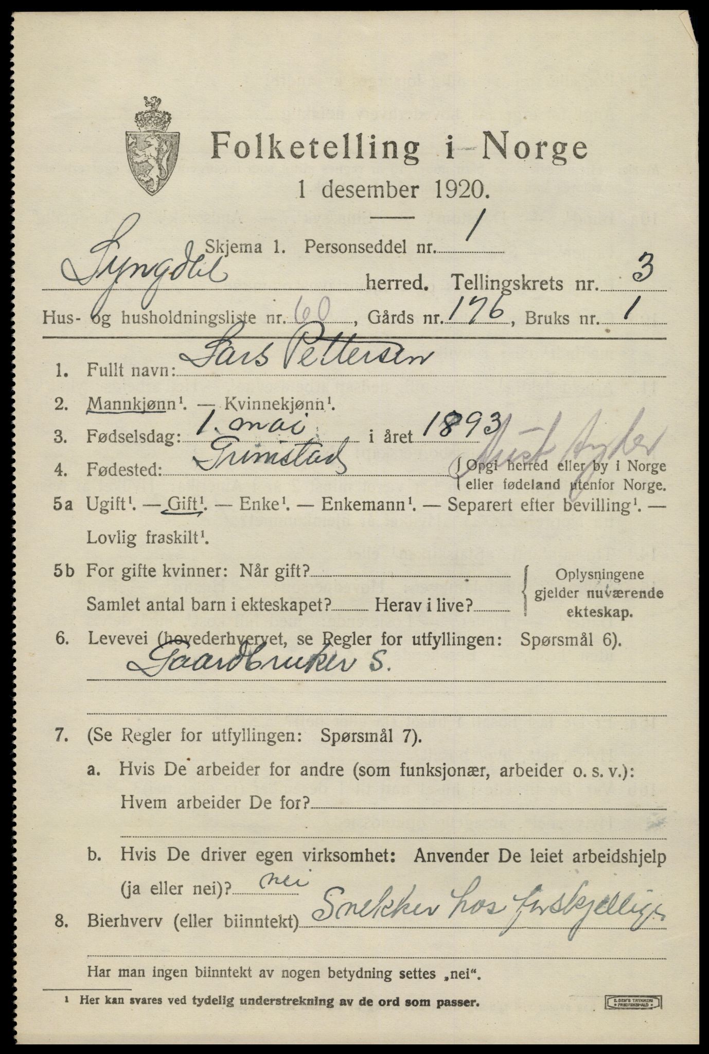 SAK, 1920 census for Lyngdal, 1920, p. 2387