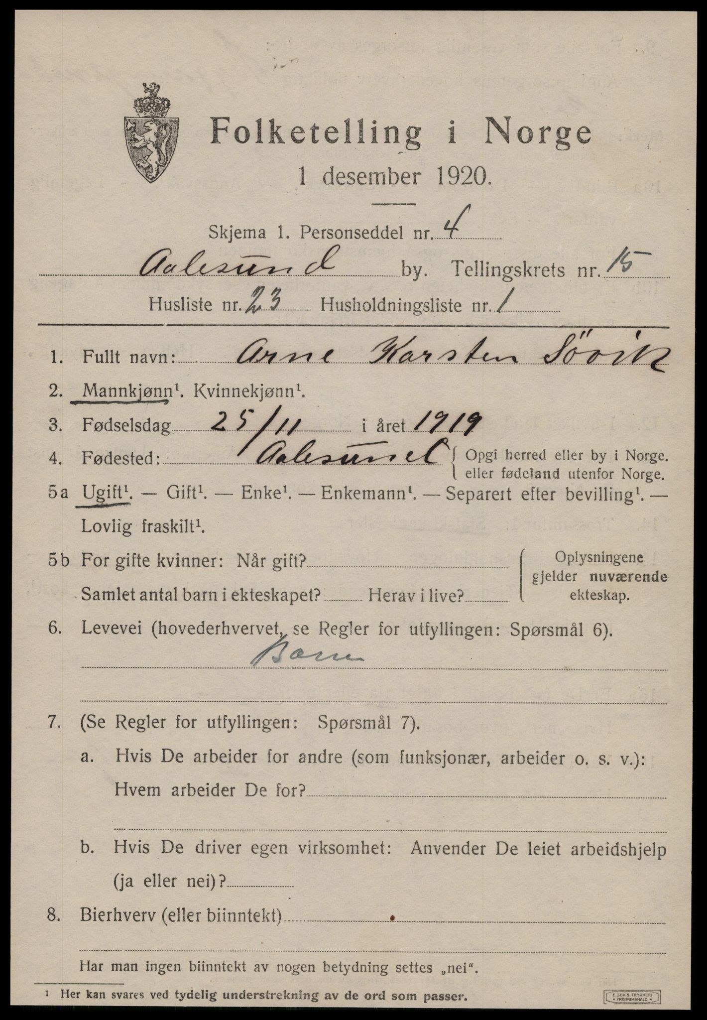 SAT, 1920 census for Ålesund, 1920, p. 30276