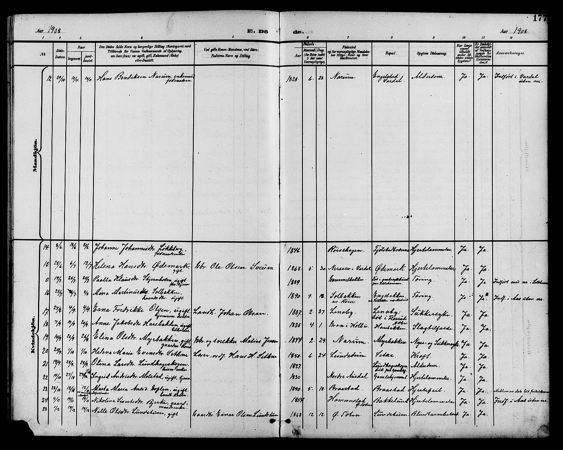 Vestre Toten prestekontor, SAH/PREST-108/H/Ha/Hab/L0011: Parish register (copy) no. 11, 1901-1911, p. 177