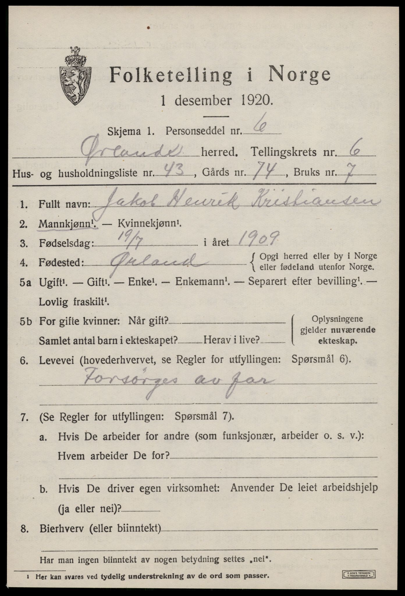 SAT, 1920 census for Ørland, 1920, p. 5385