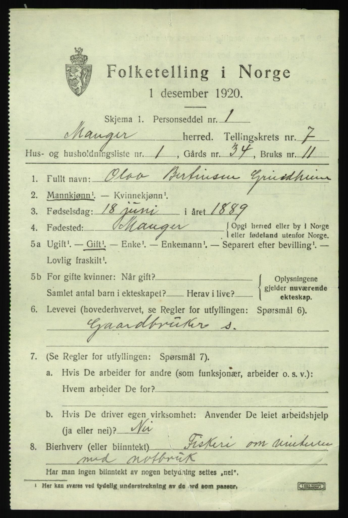 SAB, 1920 census for Manger, 1920, p. 4303