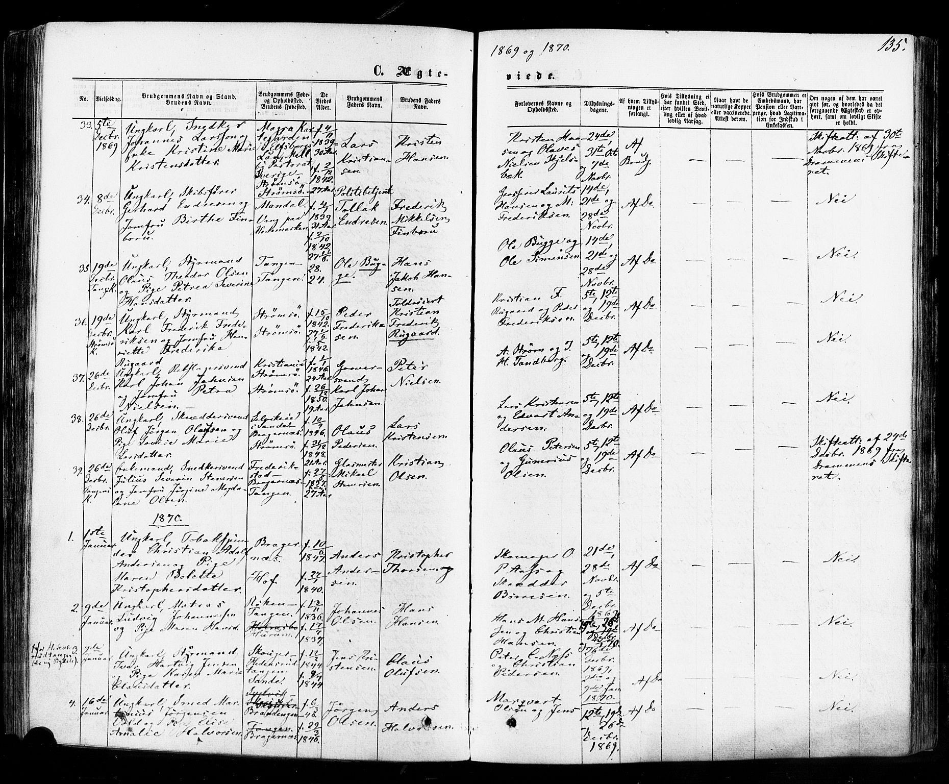 Strømsø kirkebøker, SAKO/A-246/F/Fa/L0018: Parish register (official) no. I 18, 1865-1878, p. 135