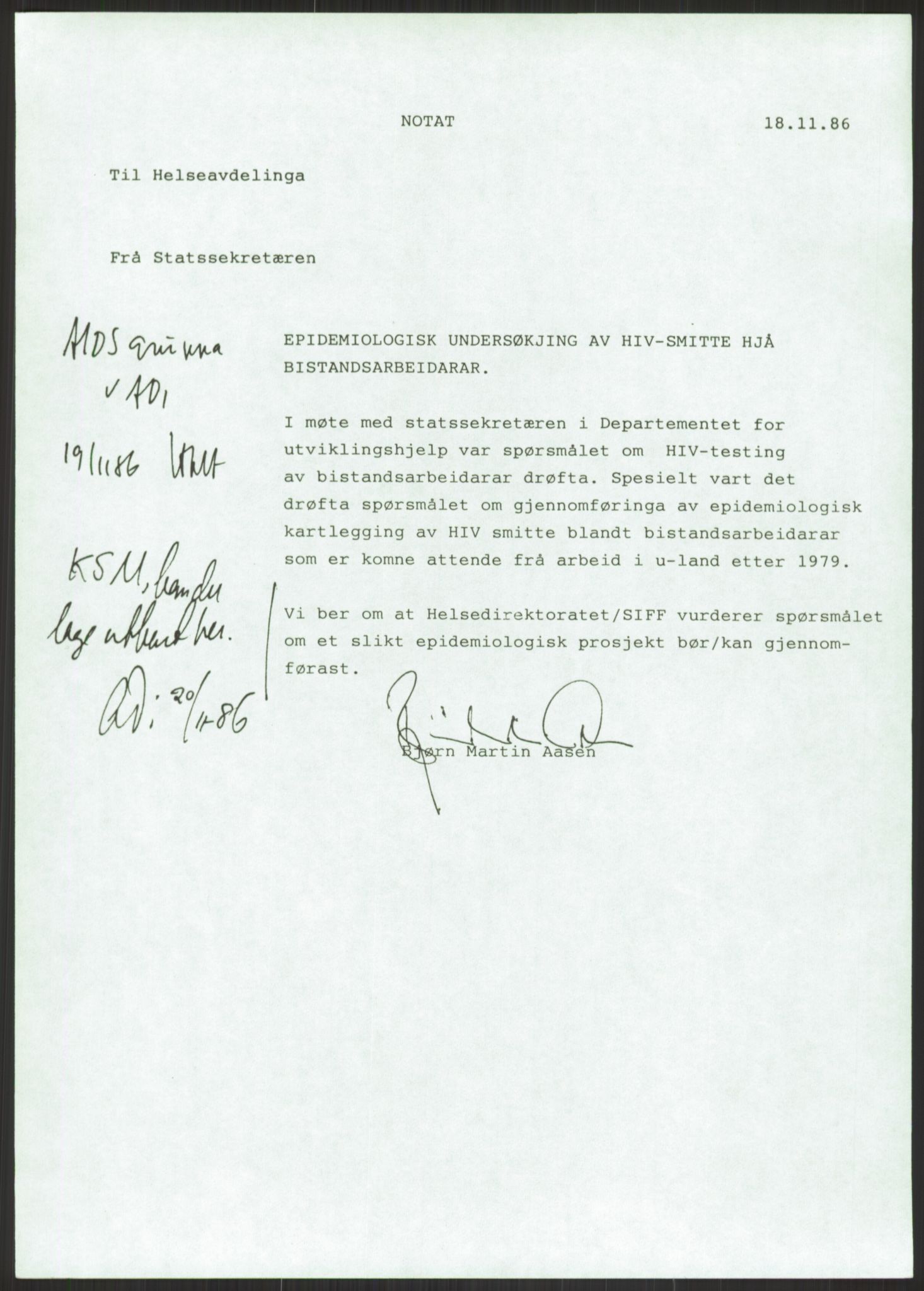 Sosialdepartementet, Administrasjons-, trygde-, plan- og helseavdelingen, AV/RA-S-6179/D/L2240/0003: -- / 619 Diverse. HIV/AIDS, 1986-1987, p. 259