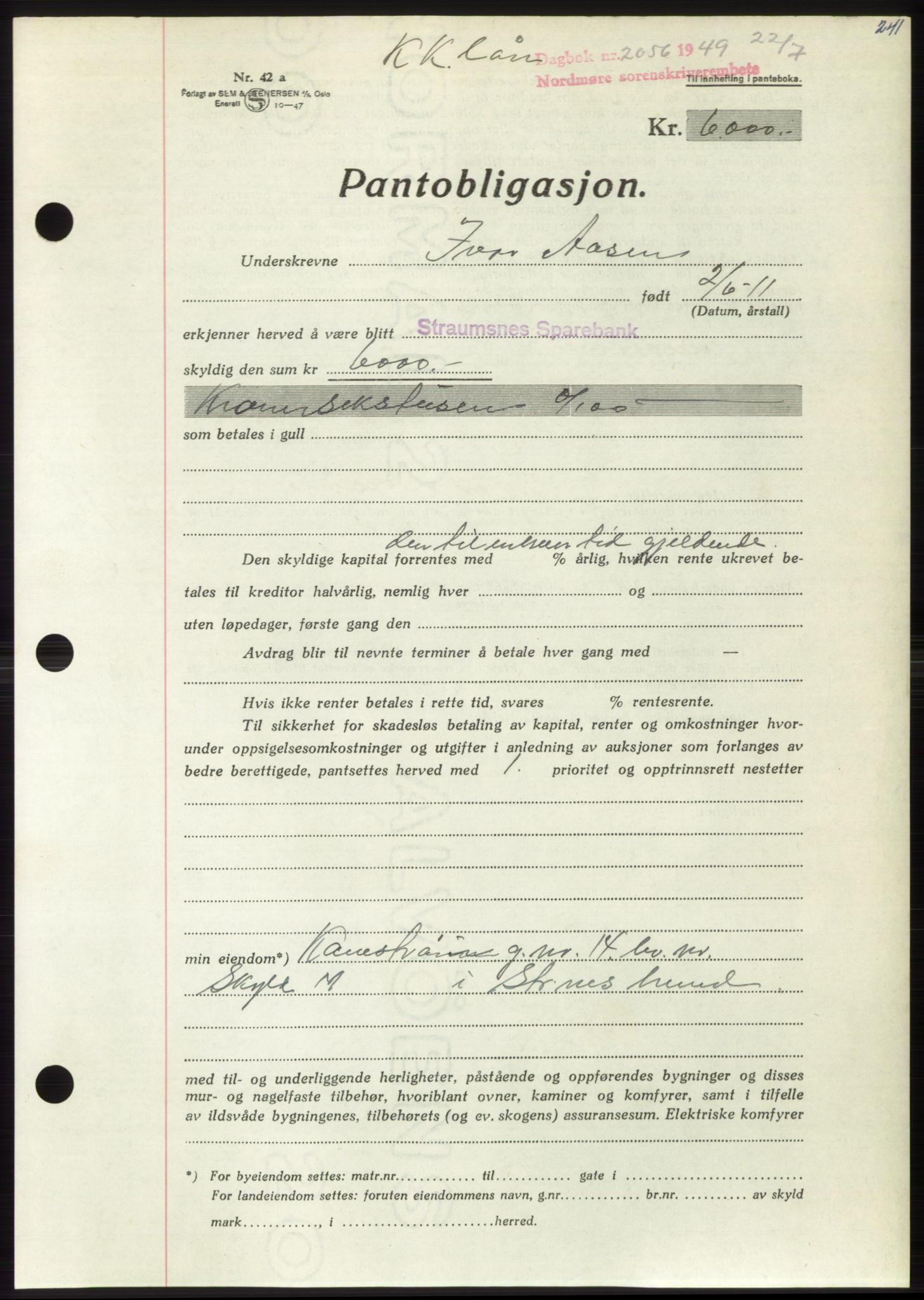 Nordmøre sorenskriveri, AV/SAT-A-4132/1/2/2Ca: Mortgage book no. B102, 1949-1949, Diary no: : 2056/1949