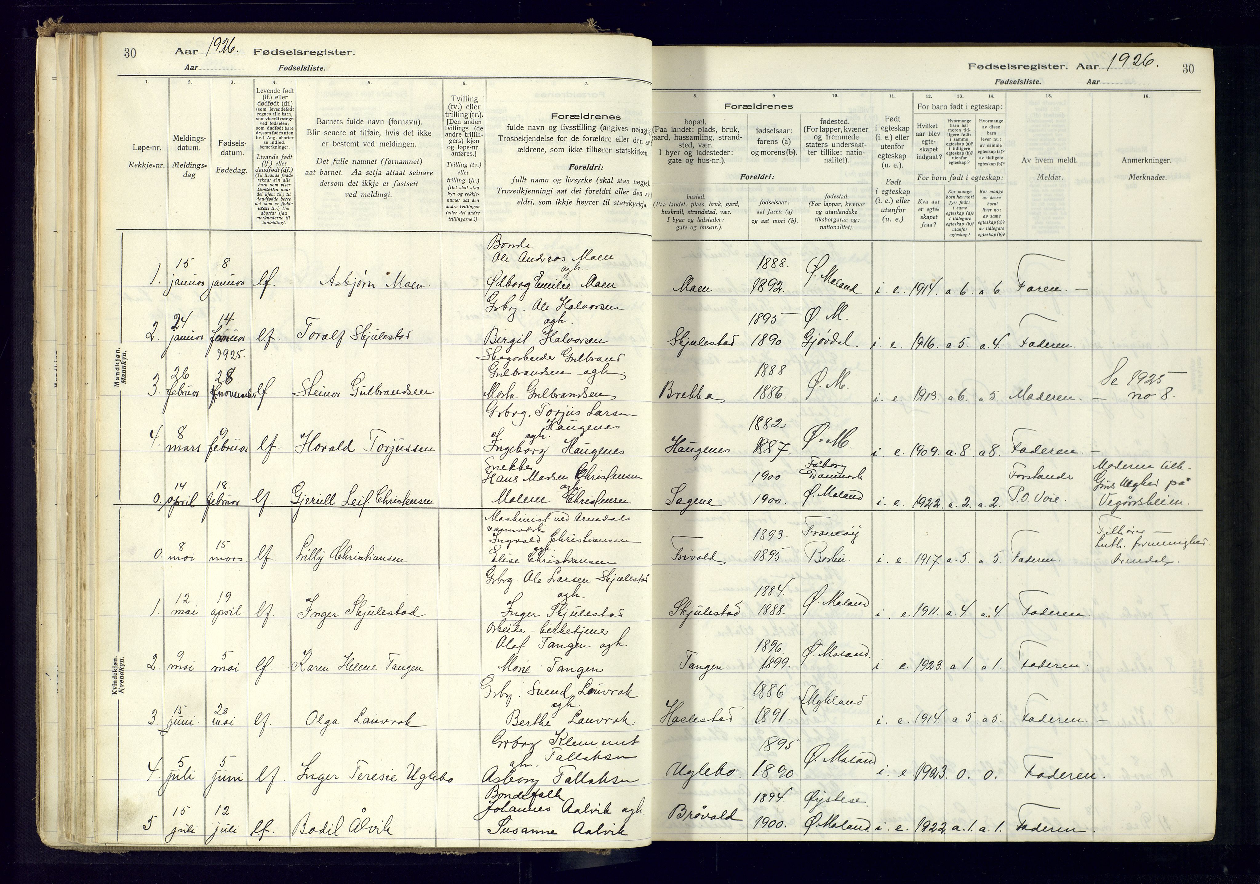 Austre Moland sokneprestkontor, AV/SAK-1111-0001/J/Ja/L0001: Birth register no. A-VI-25, 1916-1975, p. 30