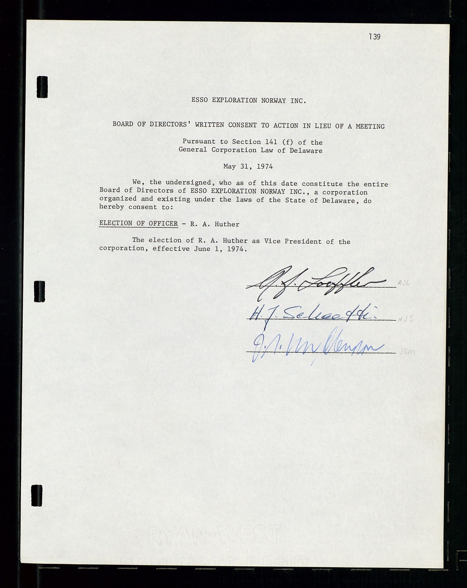 Pa 1512 - Esso Exploration and Production Norway Inc., SAST/A-101917/A/Aa/L0001/0001: Styredokumenter / Corporate records, By-Laws, Board meeting minutes, Incorporations, 1965-1975, p. 139