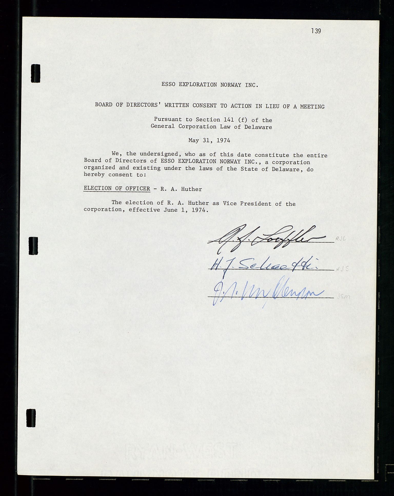 Pa 1512 - Esso Exploration and Production Norway Inc., AV/SAST-A-101917/A/Aa/L0001/0001: Styredokumenter / Corporate records, By-Laws, Board meeting minutes, Incorporations, 1965-1975, p. 139