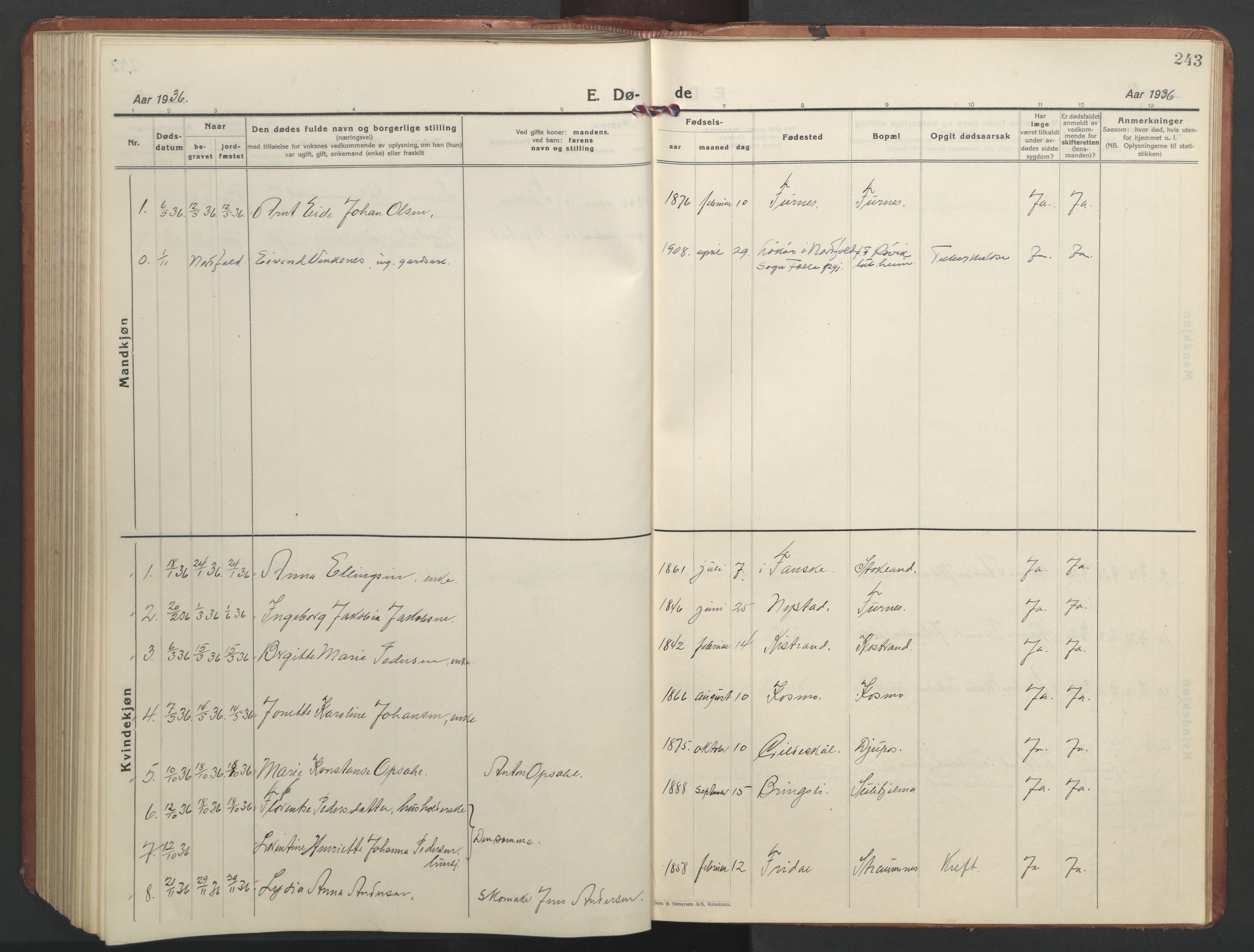 Ministerialprotokoller, klokkerbøker og fødselsregistre - Nordland, AV/SAT-A-1459/851/L0727: Parish register (copy) no. 851C02, 1925-1948, p. 243