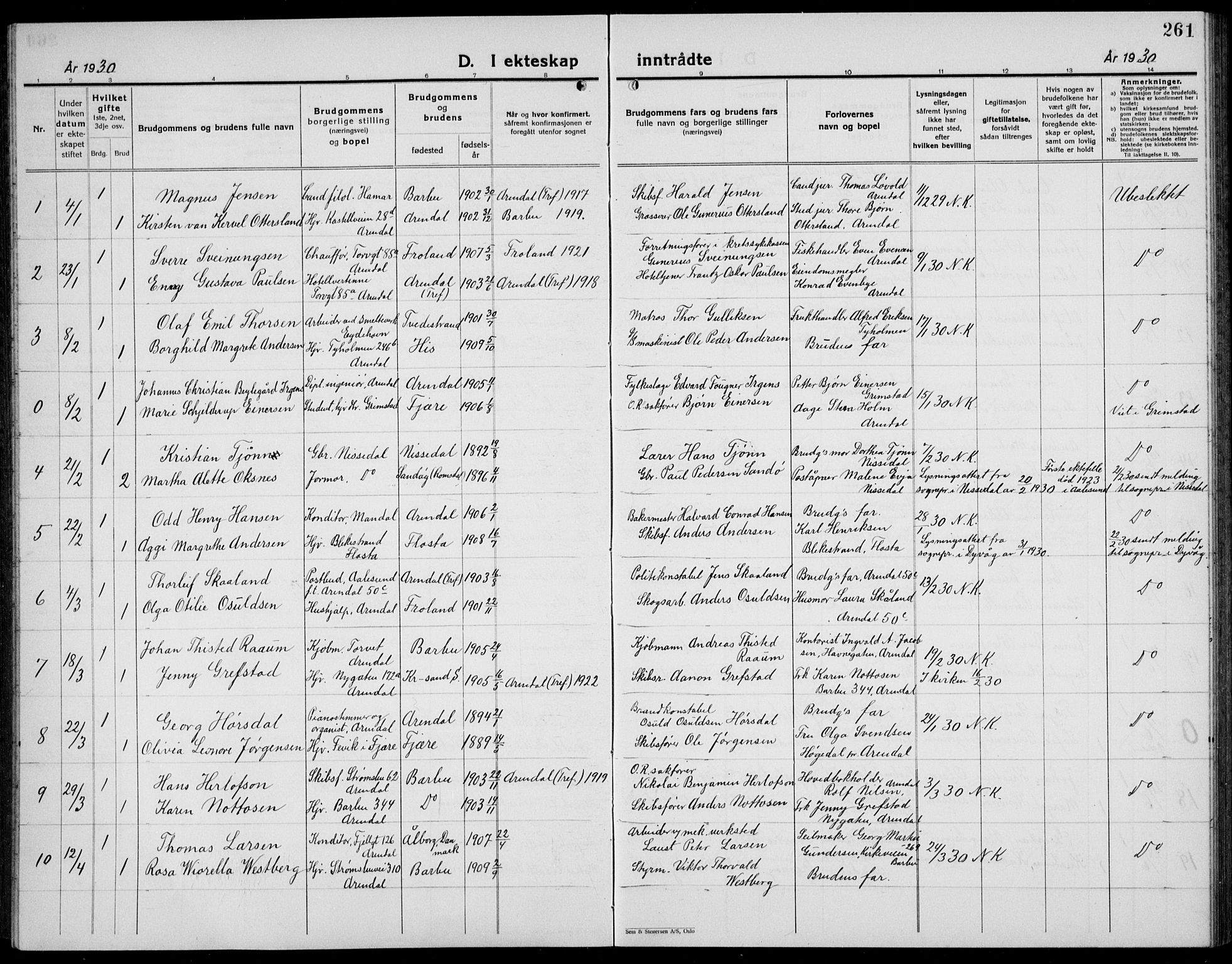 Arendal sokneprestkontor, Trefoldighet, SAK/1111-0040/F/Fb/L0008: Parish register (copy) no. B 8, 1928-1939, p. 261