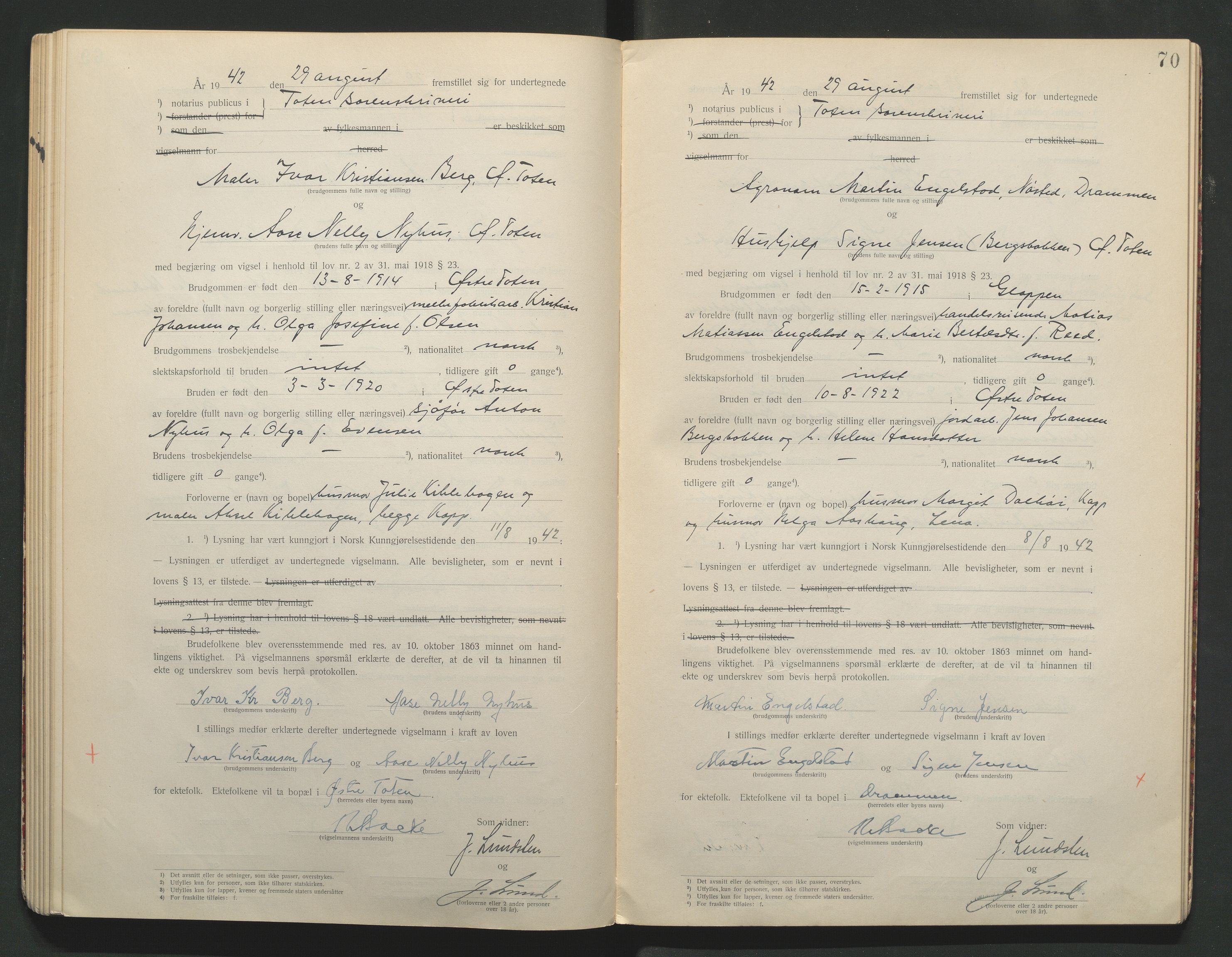 Toten tingrett, AV/SAH-TING-006/L/Lc/L0001: Vigselbok, 1920-1942, p. 70
