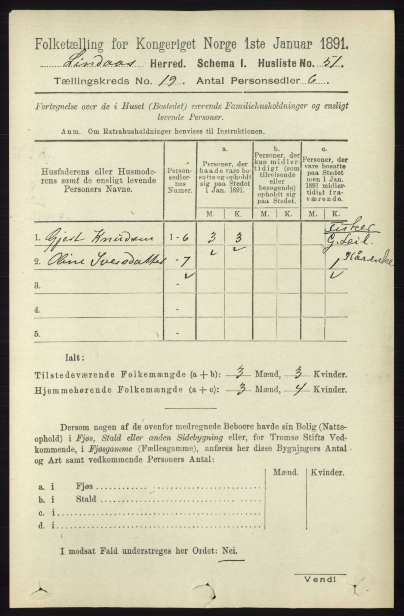 RA, 1891 census for 1263 Lindås, 1891, p. 6923