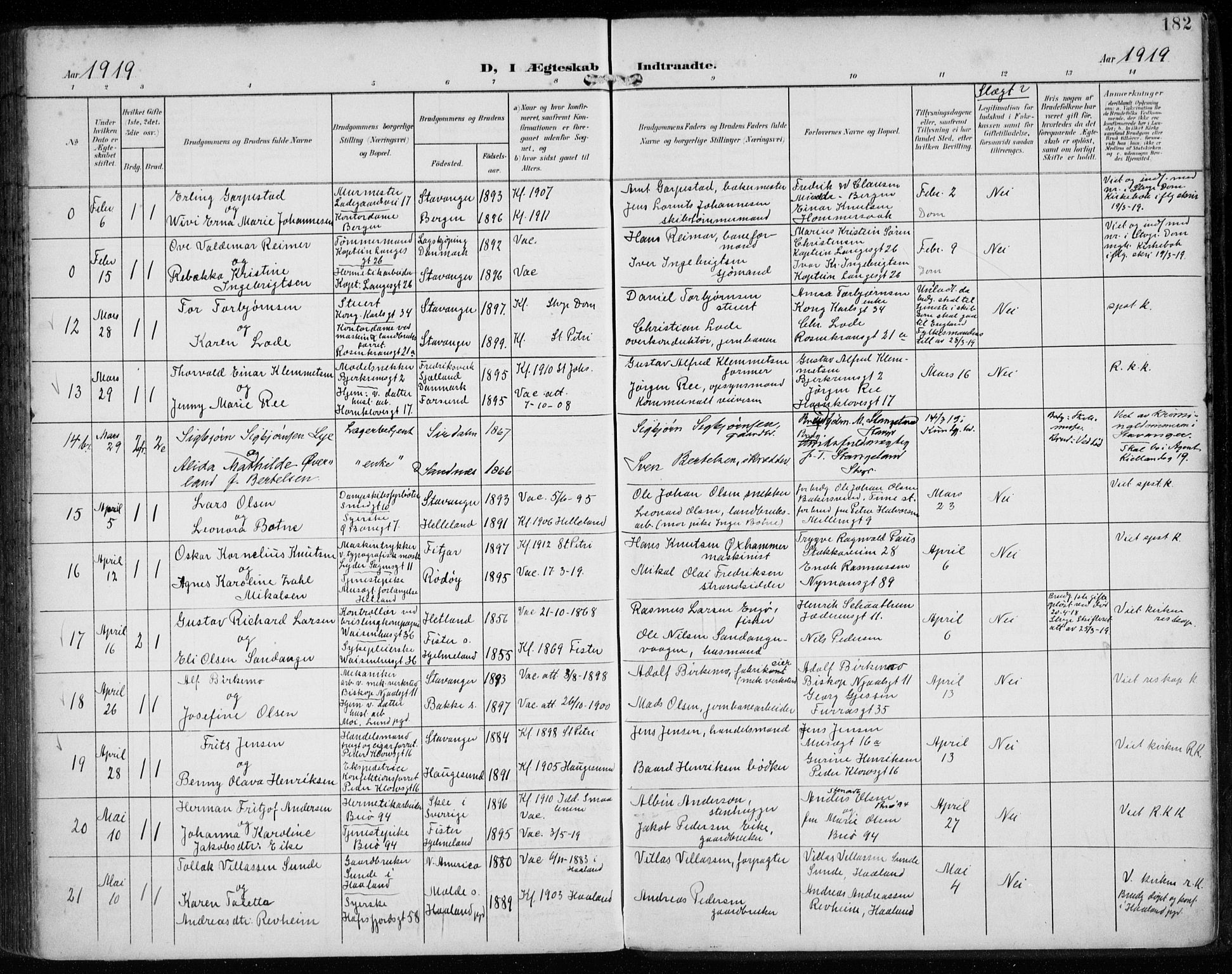 St. Petri sokneprestkontor, AV/SAST-A-101813/002/A/L0003: Parish register (official) no. A 24, 1900-1921, p. 182