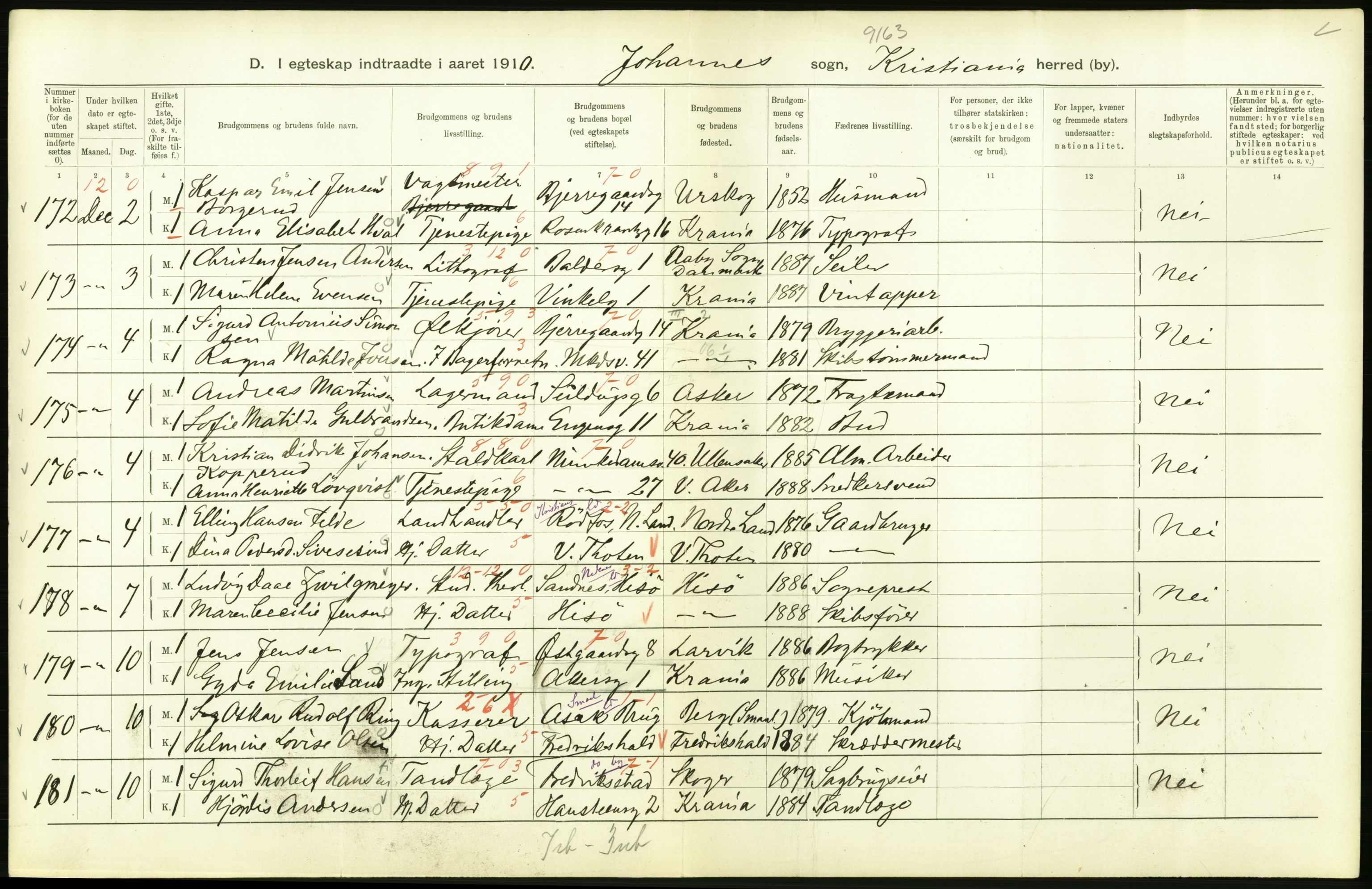 Statistisk sentralbyrå, Sosiodemografiske emner, Befolkning, AV/RA-S-2228/D/Df/Dfa/Dfah/L0009: Kristiania: Gifte og dødfødte., 1910, p. 196