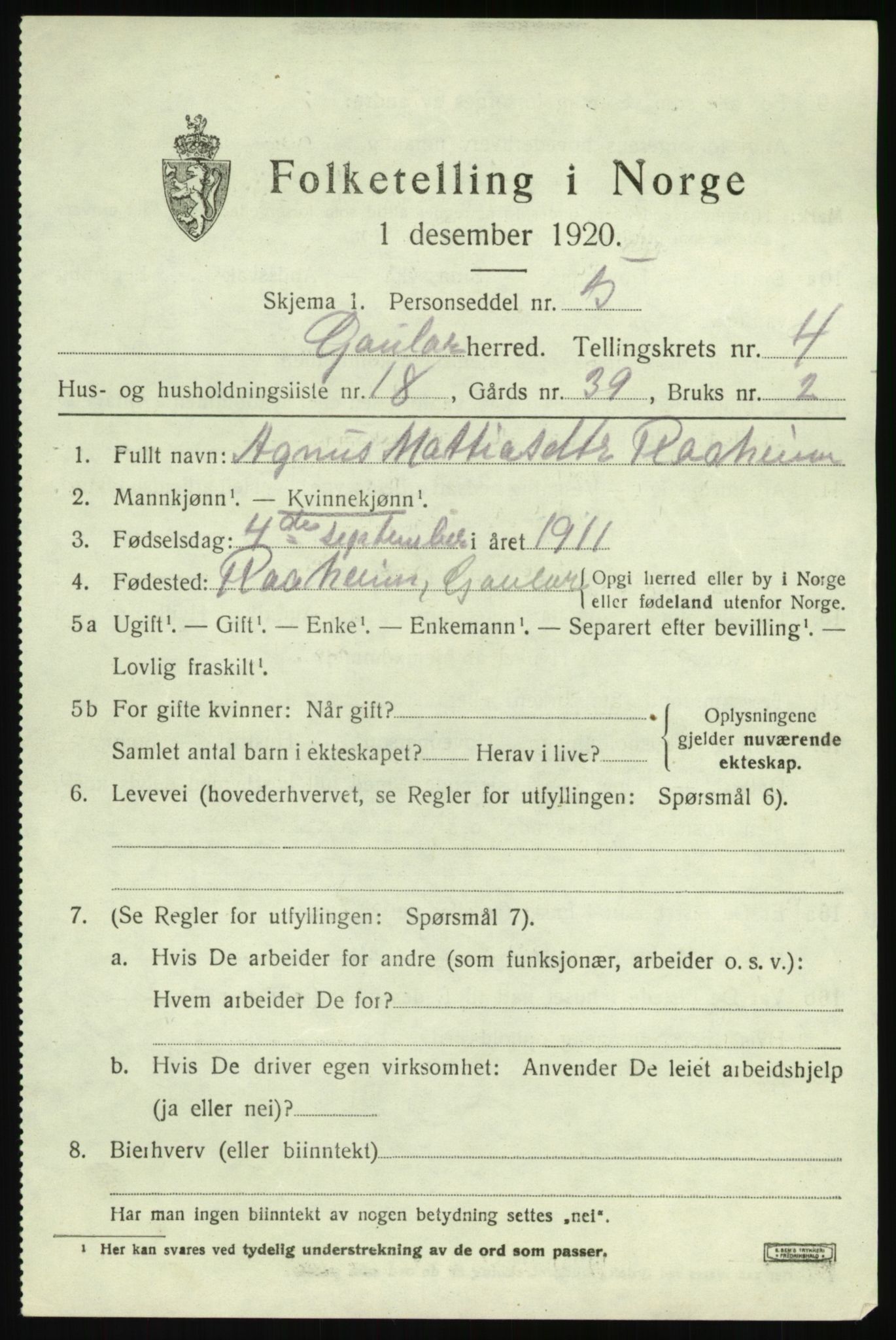 SAB, 1920 census for Gaular, 1920, p. 2380