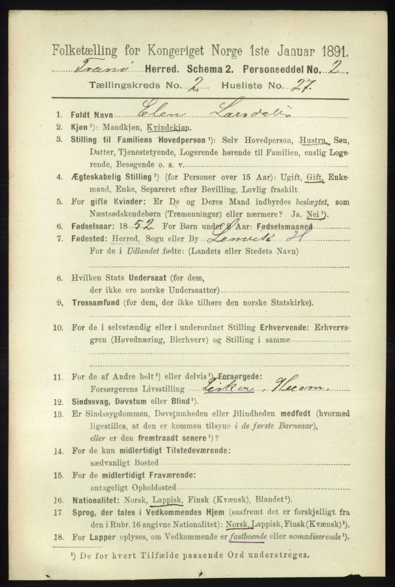 RA, 1891 census for 1927 Tranøy, 1891, p. 677