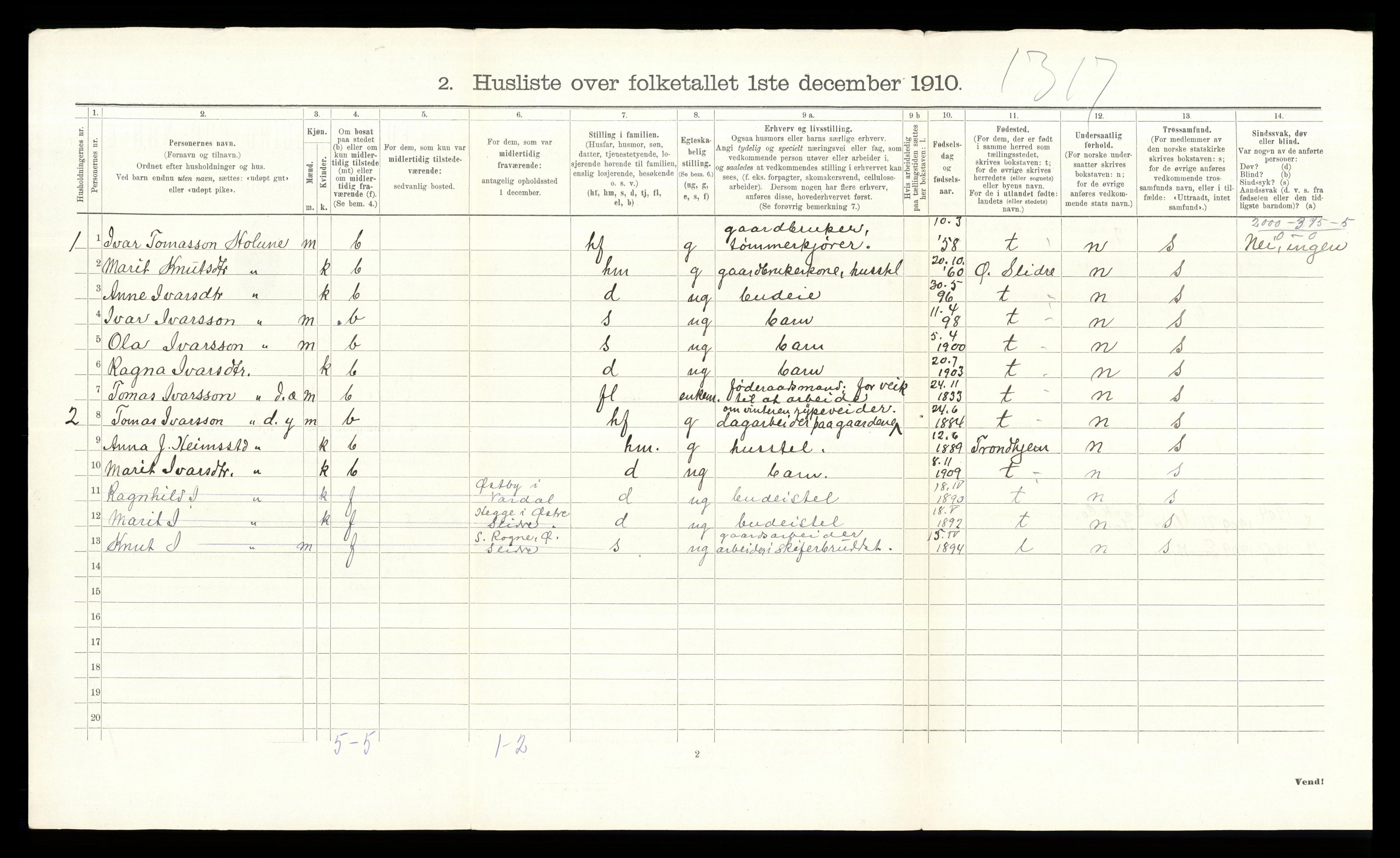 RA, 1910 census for Vestre Slidre, 1910, p. 160