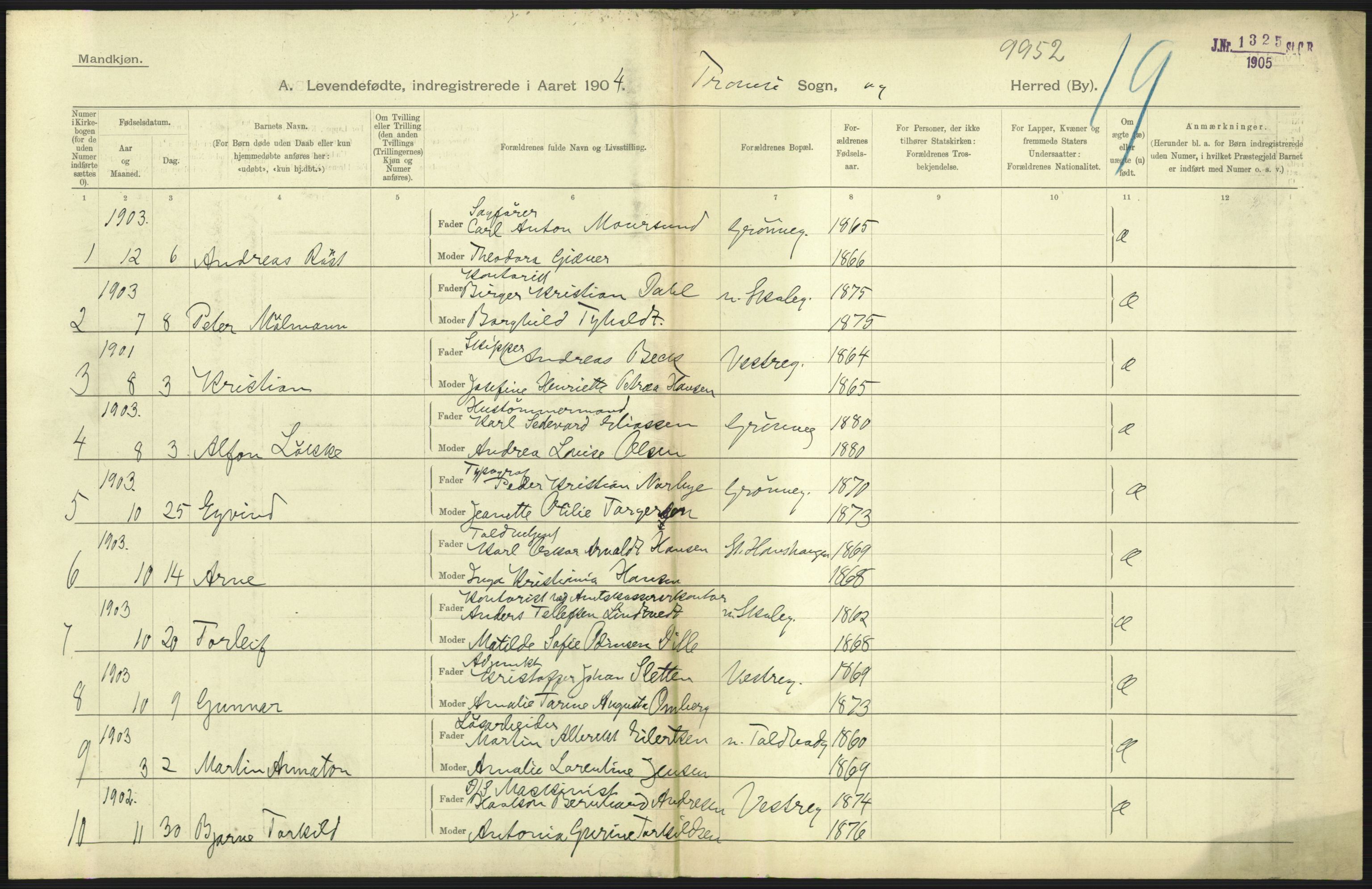 Statistisk sentralbyrå, Sosiodemografiske emner, Befolkning, RA/S-2228/D/Df/Dfa/Dfab/L0022: Tromsø amt: Fødte, gifte, døde, 1904, p. 261