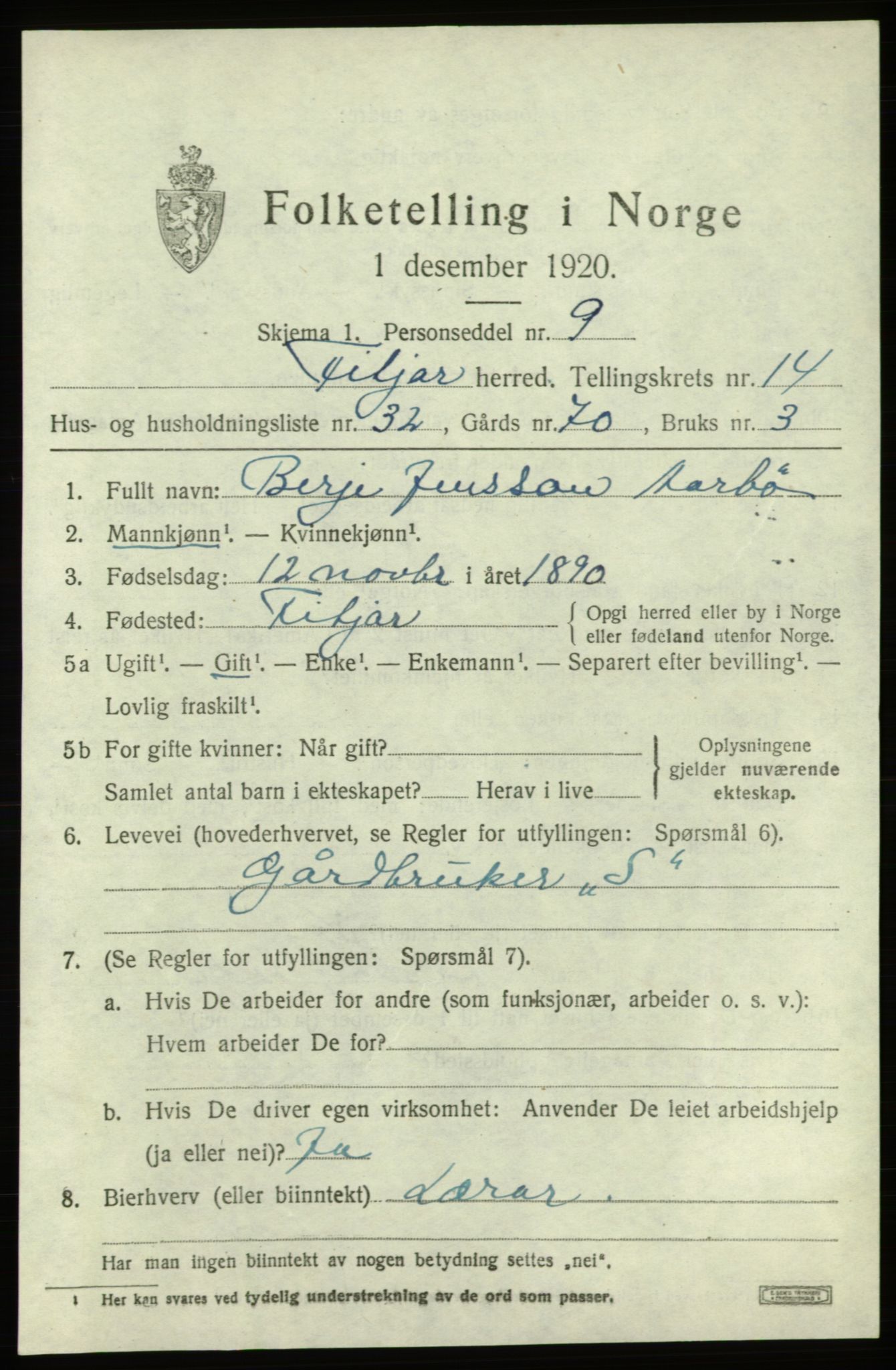 SAB, 1920 census for Fitjar, 1920, p. 6138