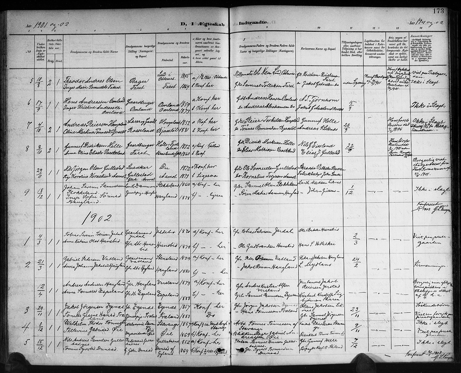 Kvinesdal sokneprestkontor, AV/SAK-1111-0026/F/Fb/Fbb/L0003: Parish register (copy) no. B 3, 1898-1916, p. 173