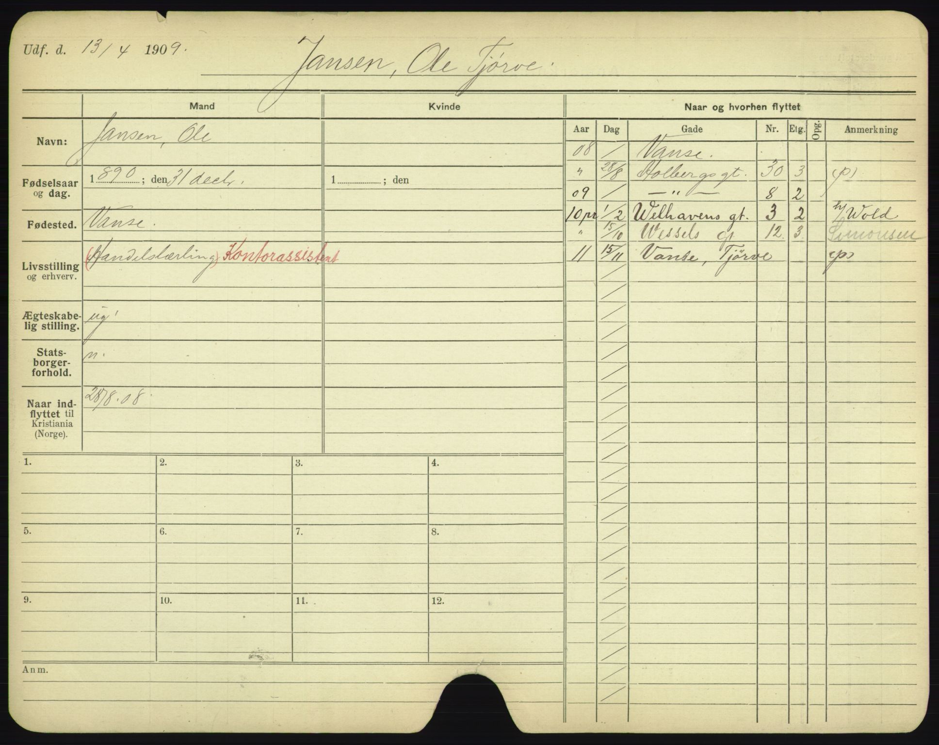 Oslo folkeregister, Registerkort, AV/SAO-A-11715/F/Fa/Fac/L0005: Menn, 1906-1914, p. 229a