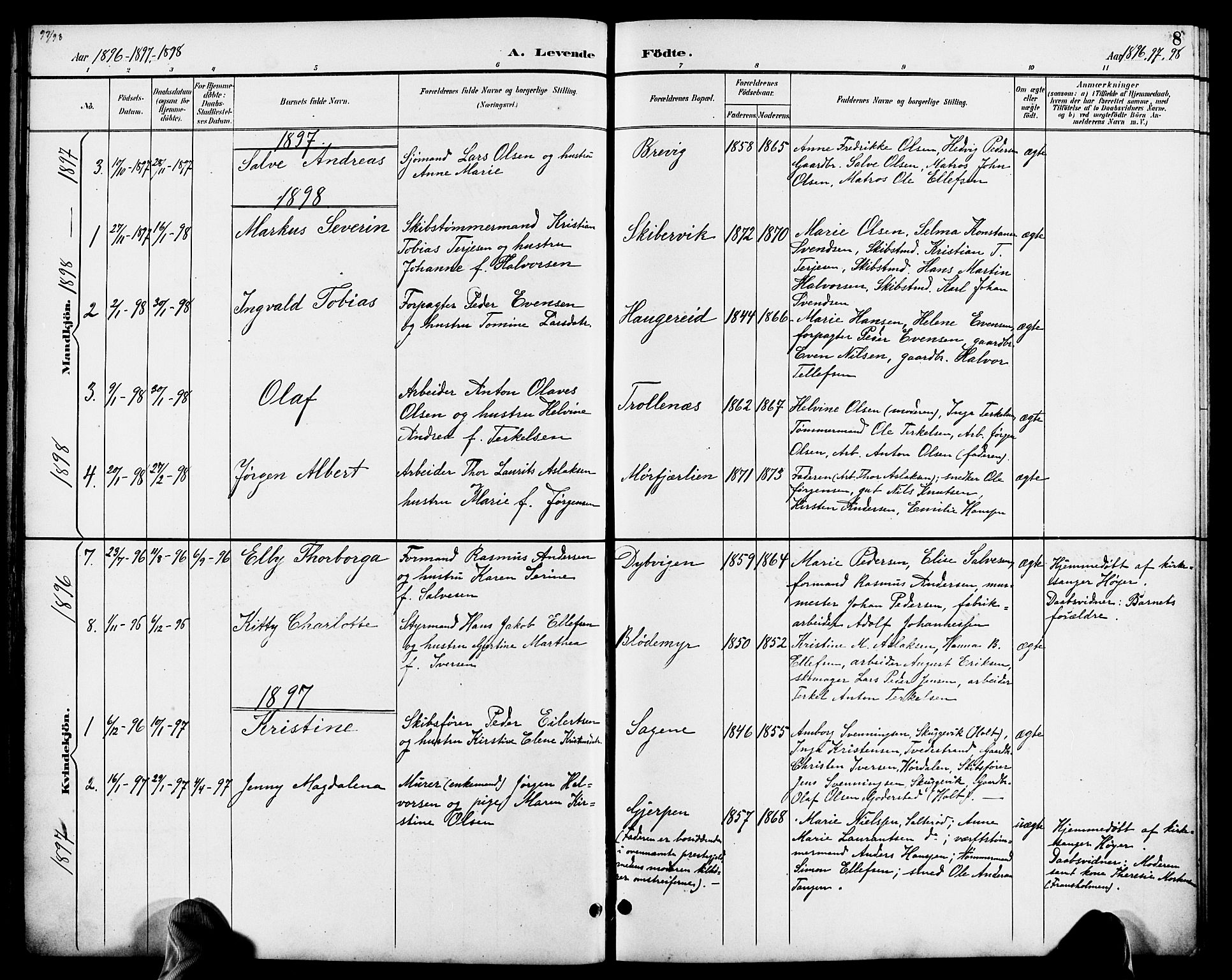 Austre Moland sokneprestkontor, AV/SAK-1111-0001/F/Fb/Fbb/L0002: Parish register (copy) no. B 2, 1894-1918, p. 8