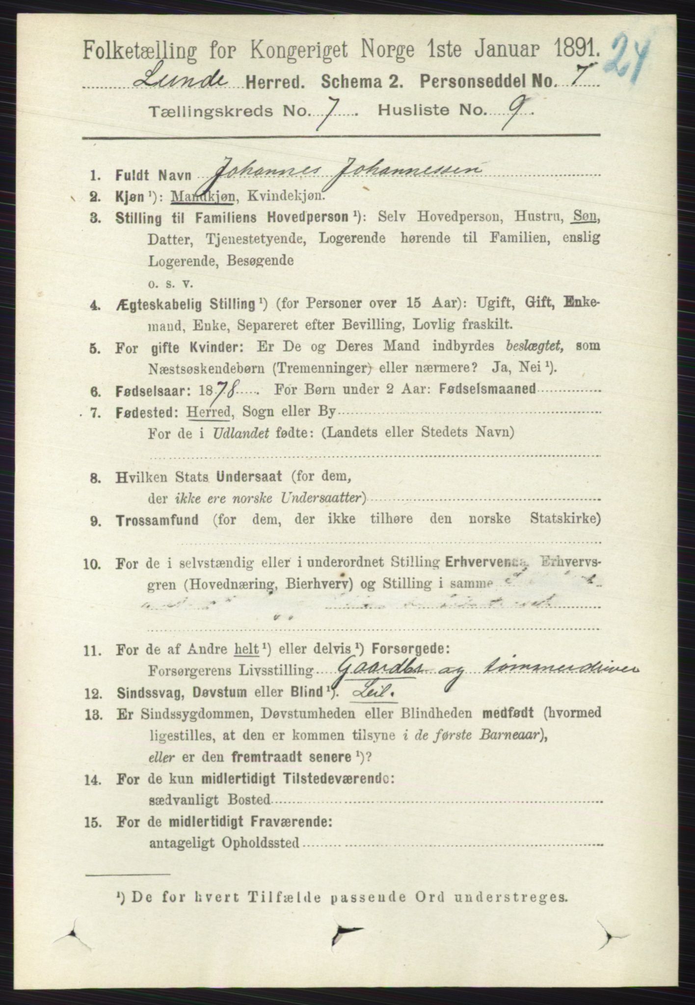 RA, 1891 census for 0820 Lunde, 1891, p. 2259