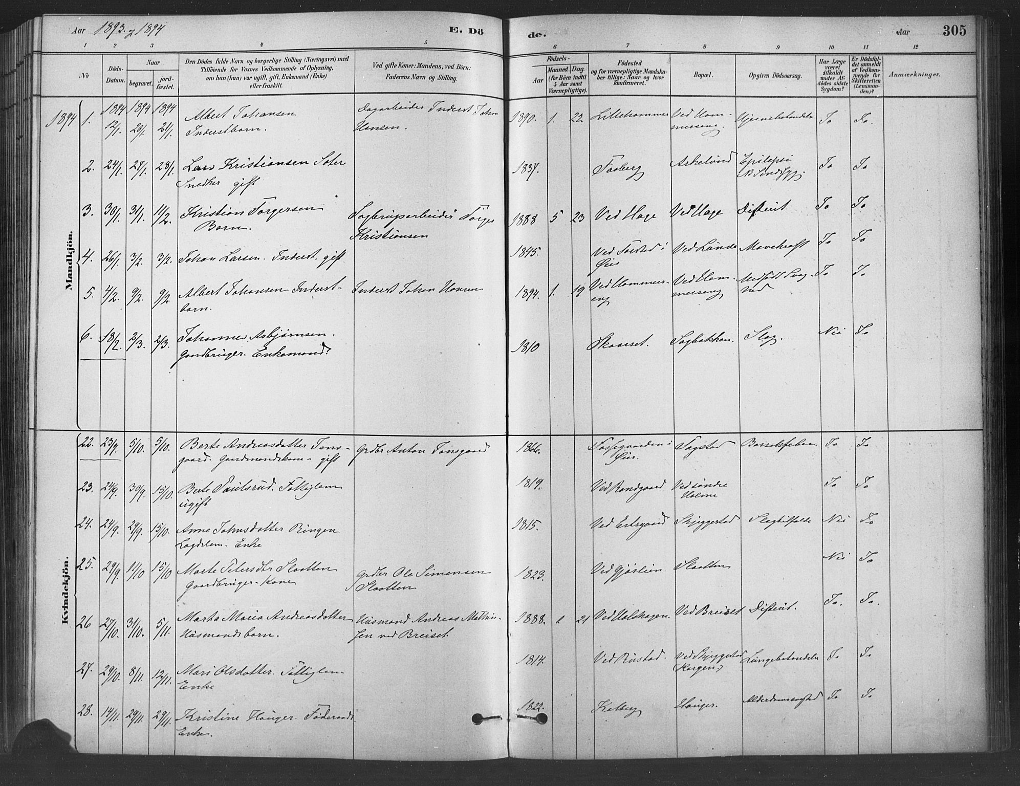 Fåberg prestekontor, SAH/PREST-086/H/Ha/Haa/L0009: Parish register (official) no. 9, 1879-1898, p. 305