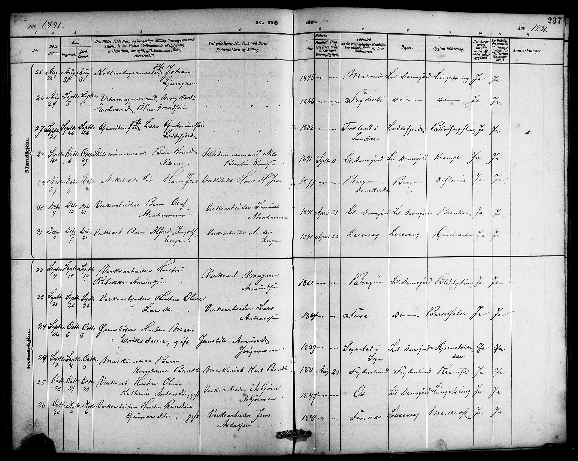 Laksevåg Sokneprestembete, SAB/A-76501/H/Ha/Hab/Haba/L0003: Parish register (copy) no. A 3, 1887-1899, p. 237